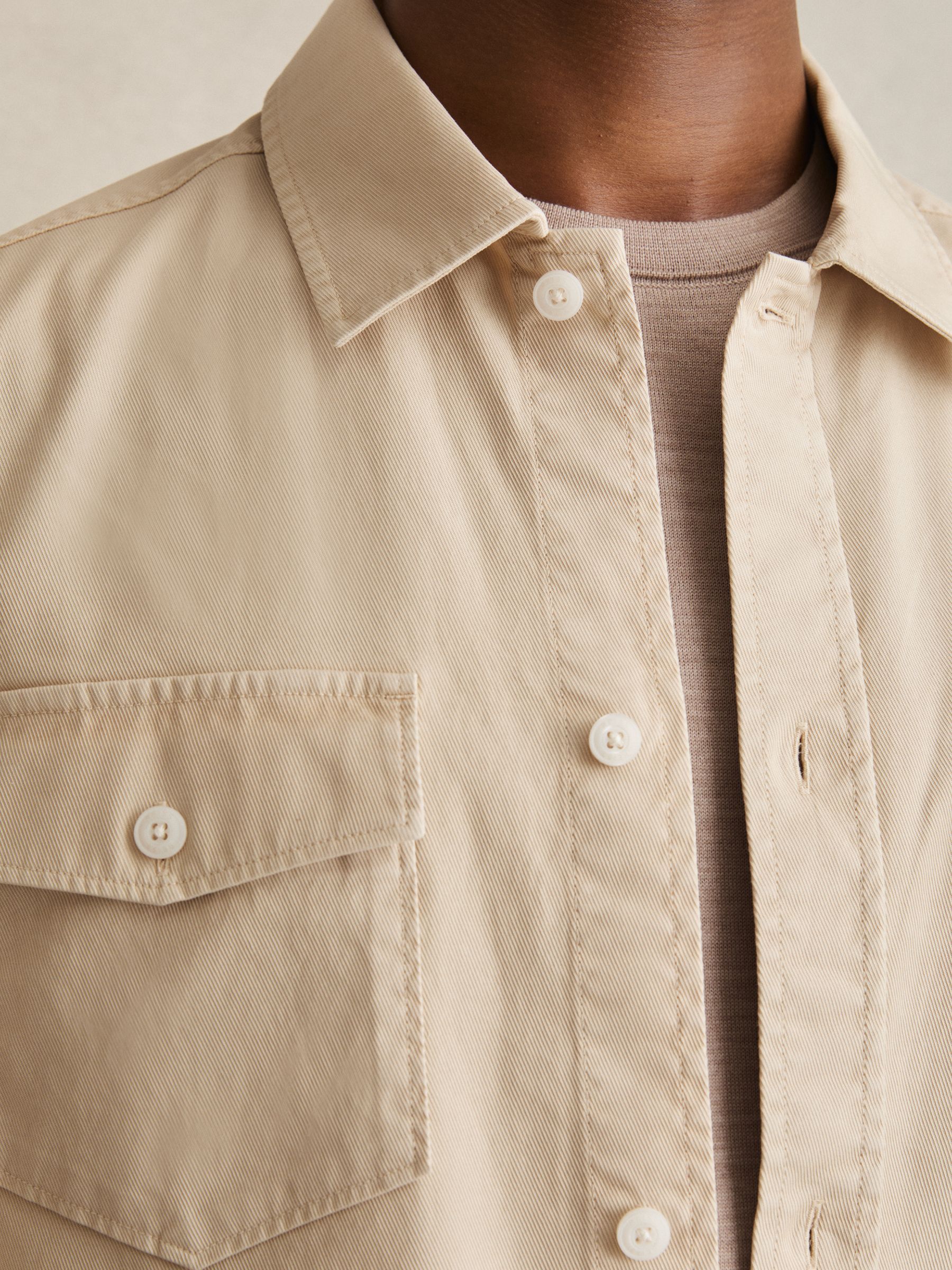 Cotton Twill Twin Pocket Overshirt With Stretch in Stone