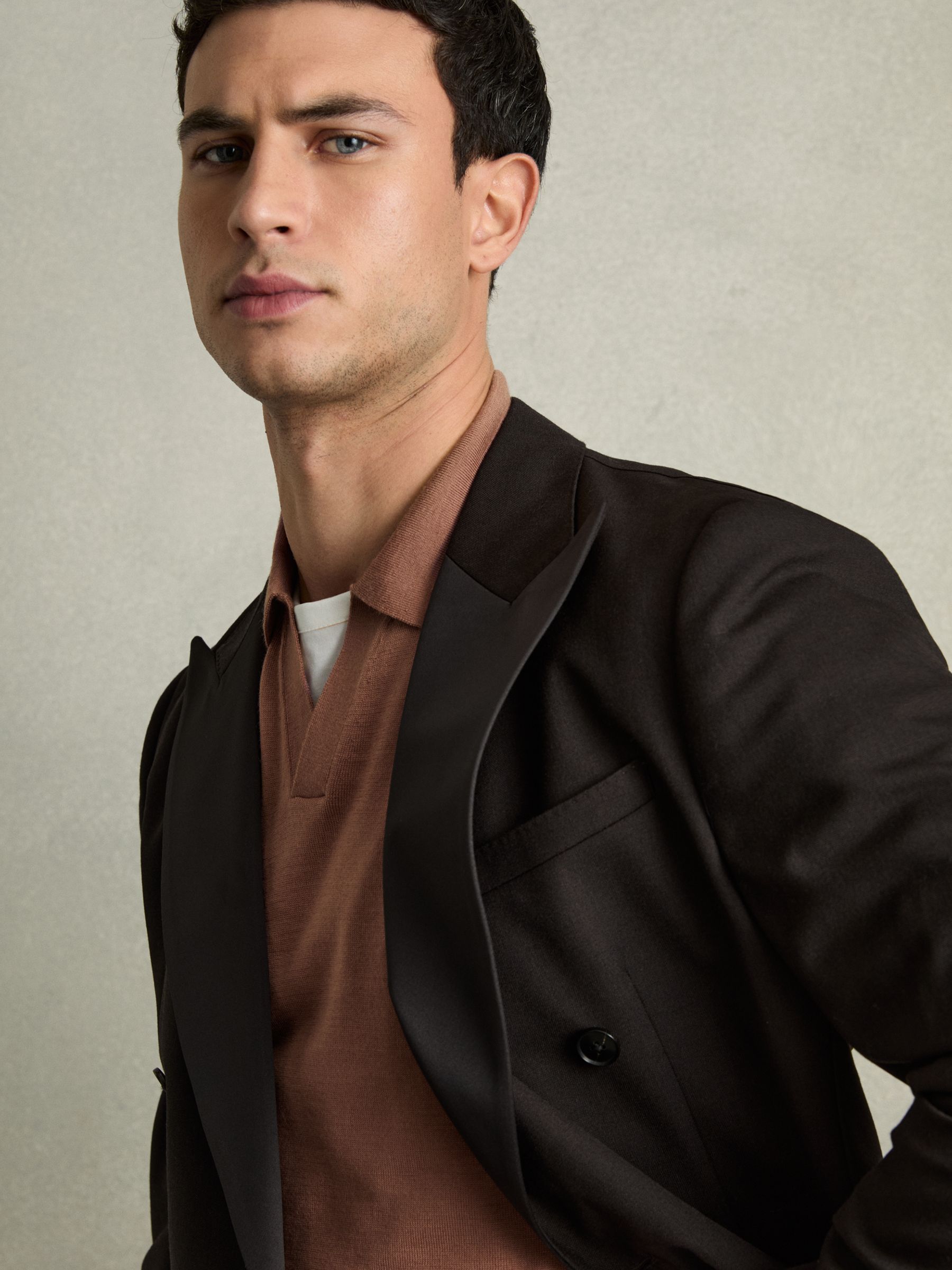 Merino Wool Open Collar Polo Shirt in Dusty Blush Pink