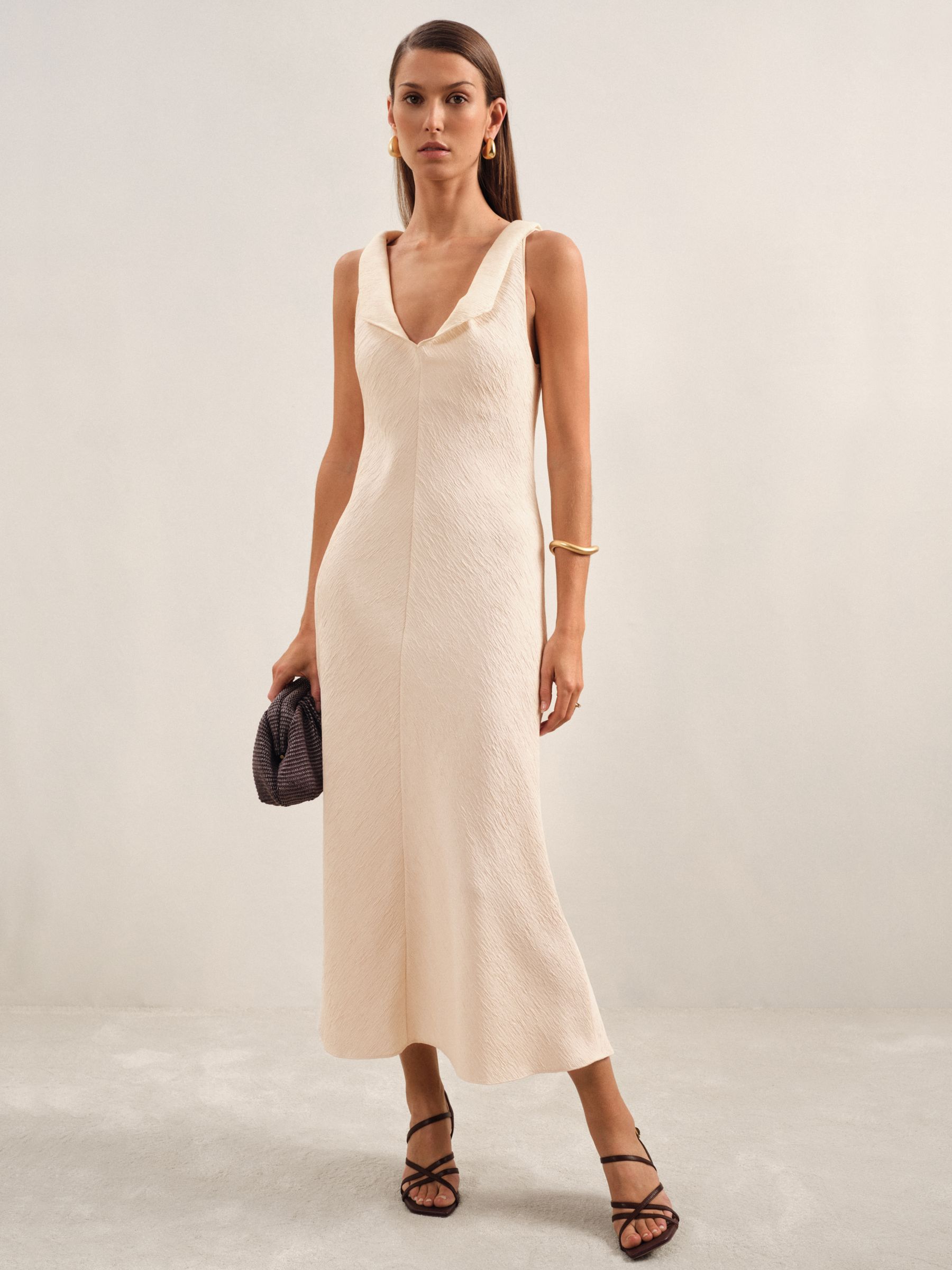 Textured Drape-Neck Midi Dress in Cream