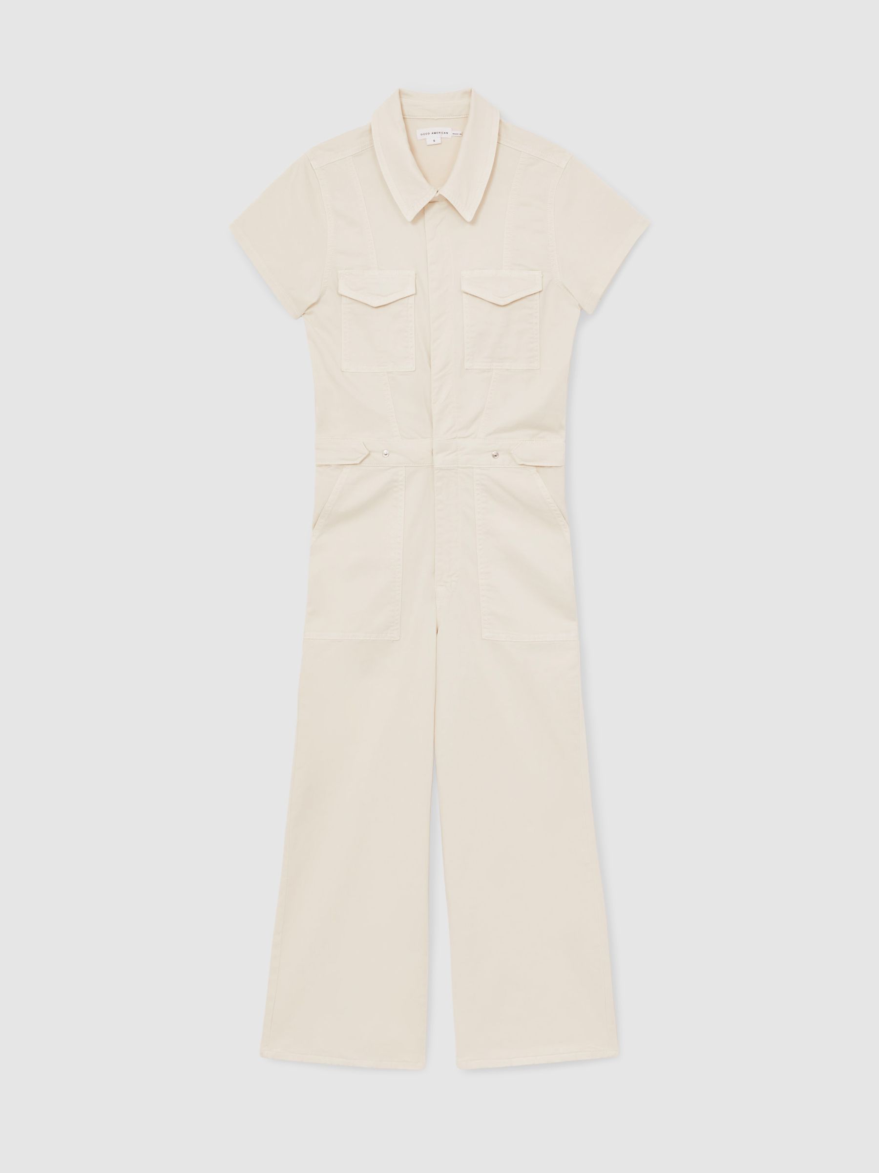 Good American Cotton Twill Jumpsuit with Stretch in Ecru