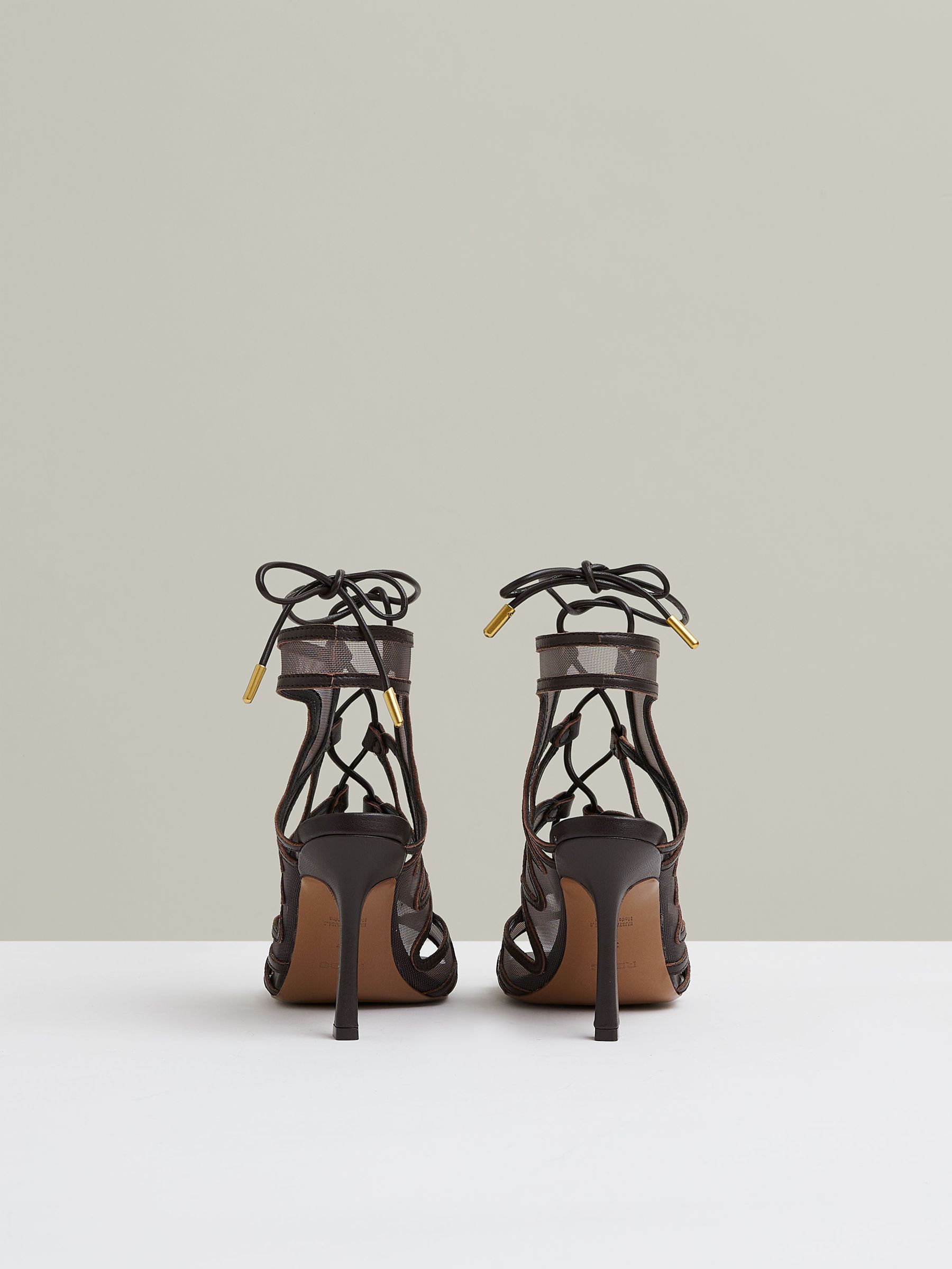 Mesh Leather Strappy Heels in Chocolate