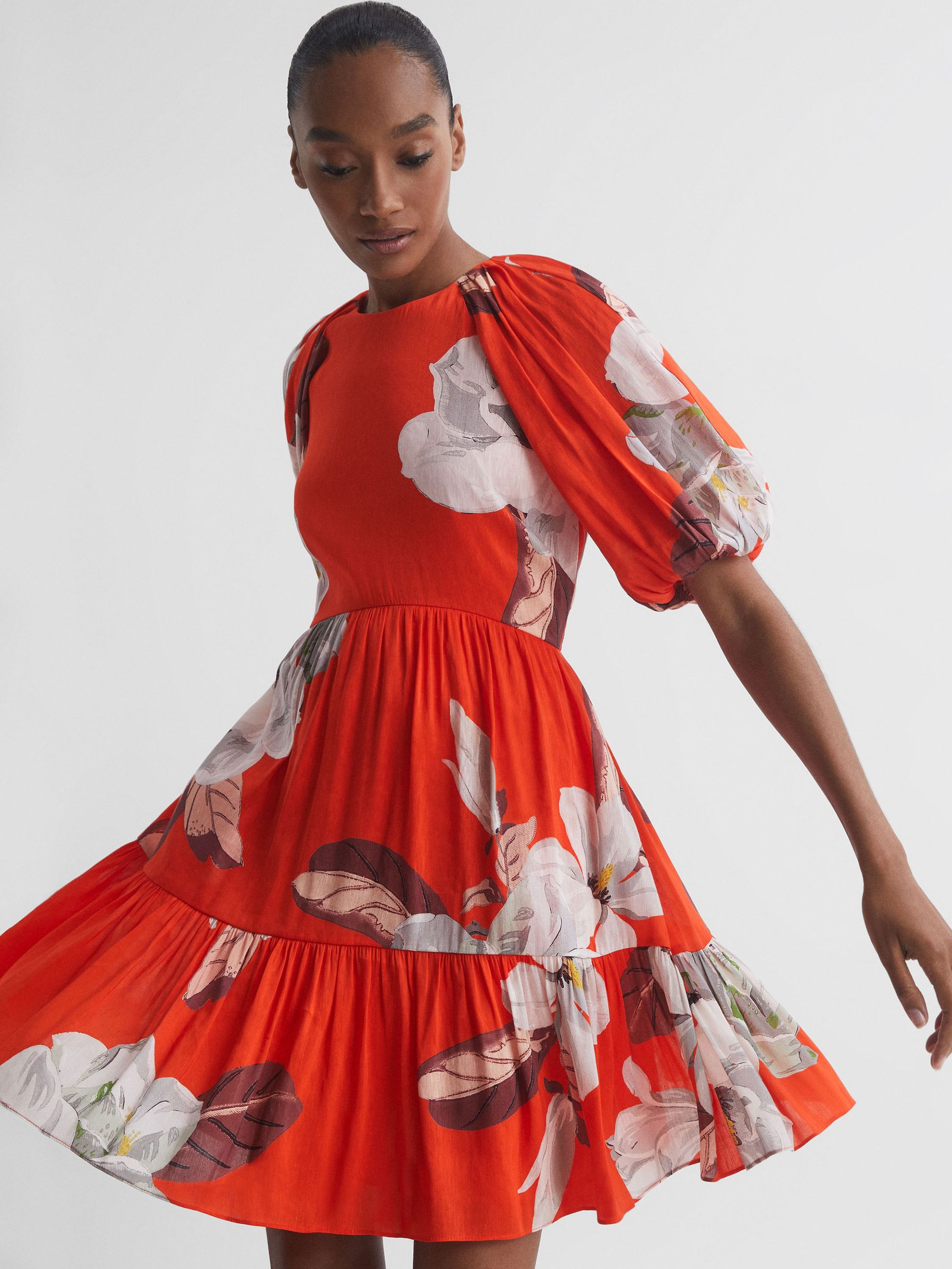 Florere Linen Silk Puff Sleeve Mini Dress in Orange