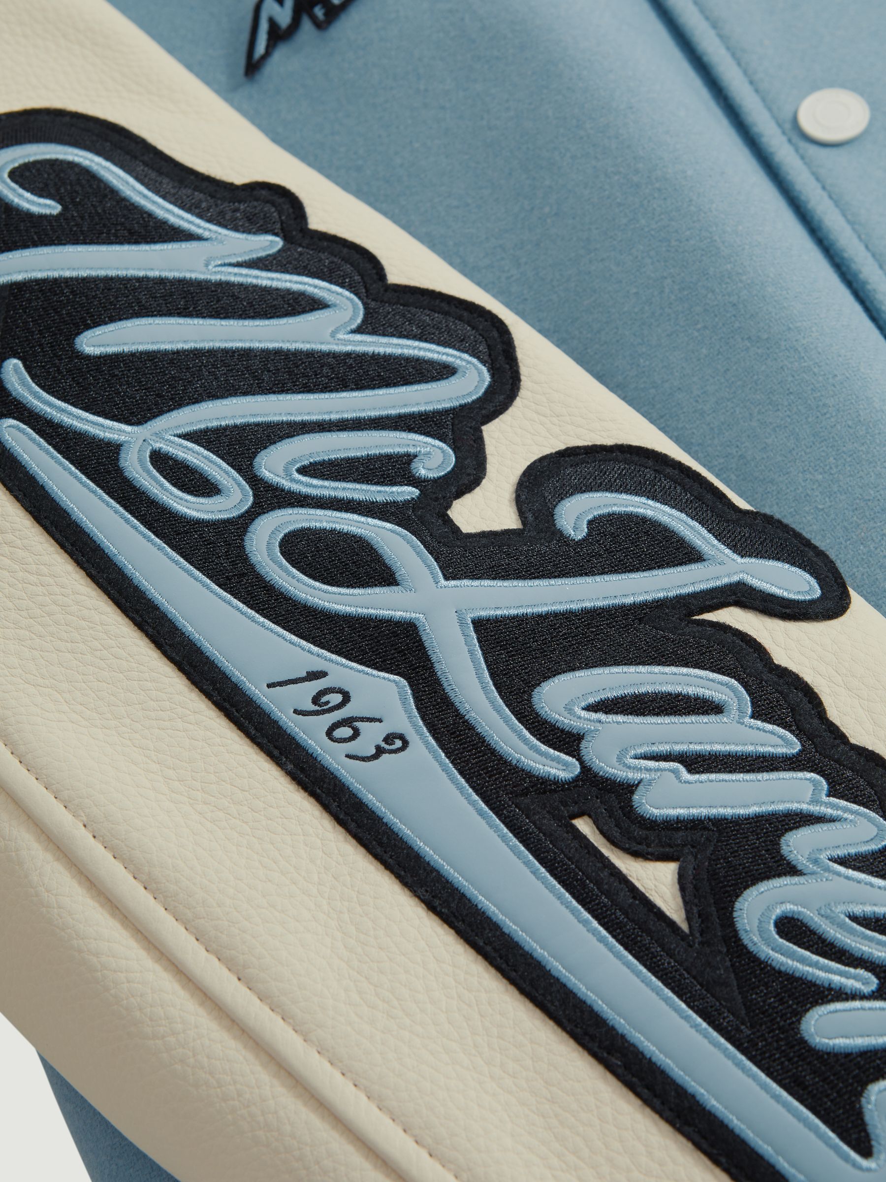 Leather Varsity Jacket in Soft Blue/Ecru