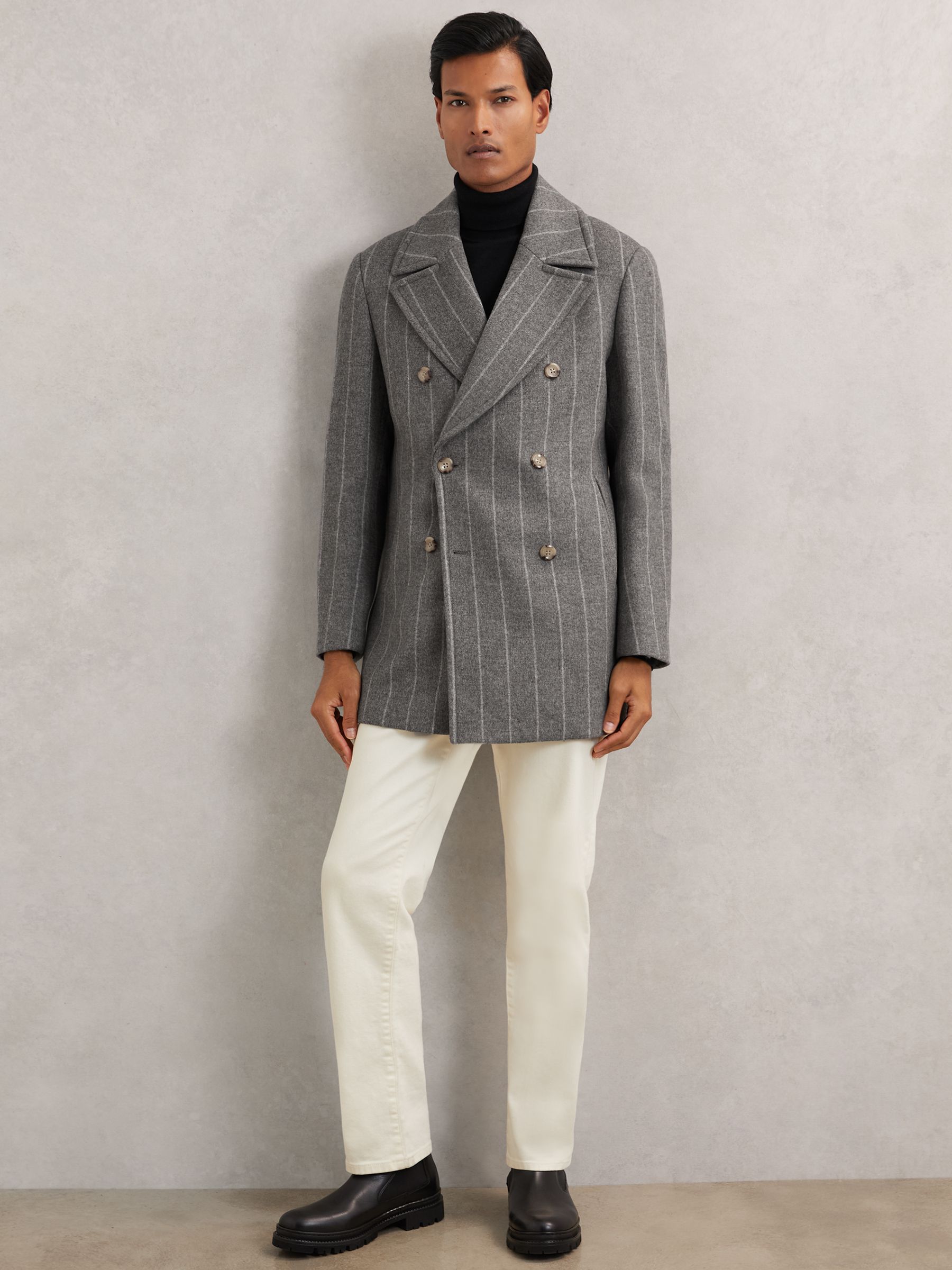Wool-Blend Chalk-Stripe Pea Coat in Grey