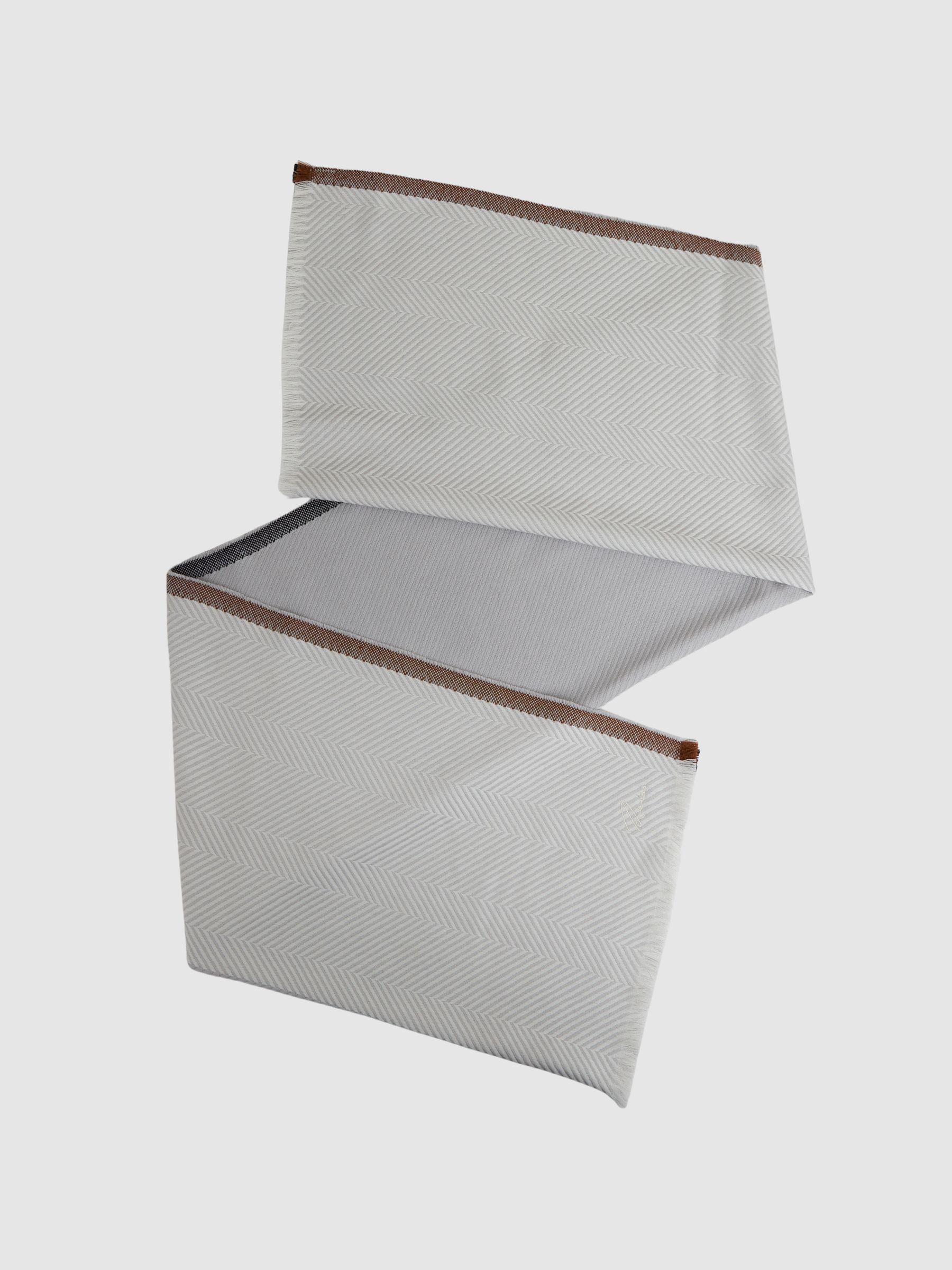 Logo-Embroidered Wool-Herringbone Scarf in Grey