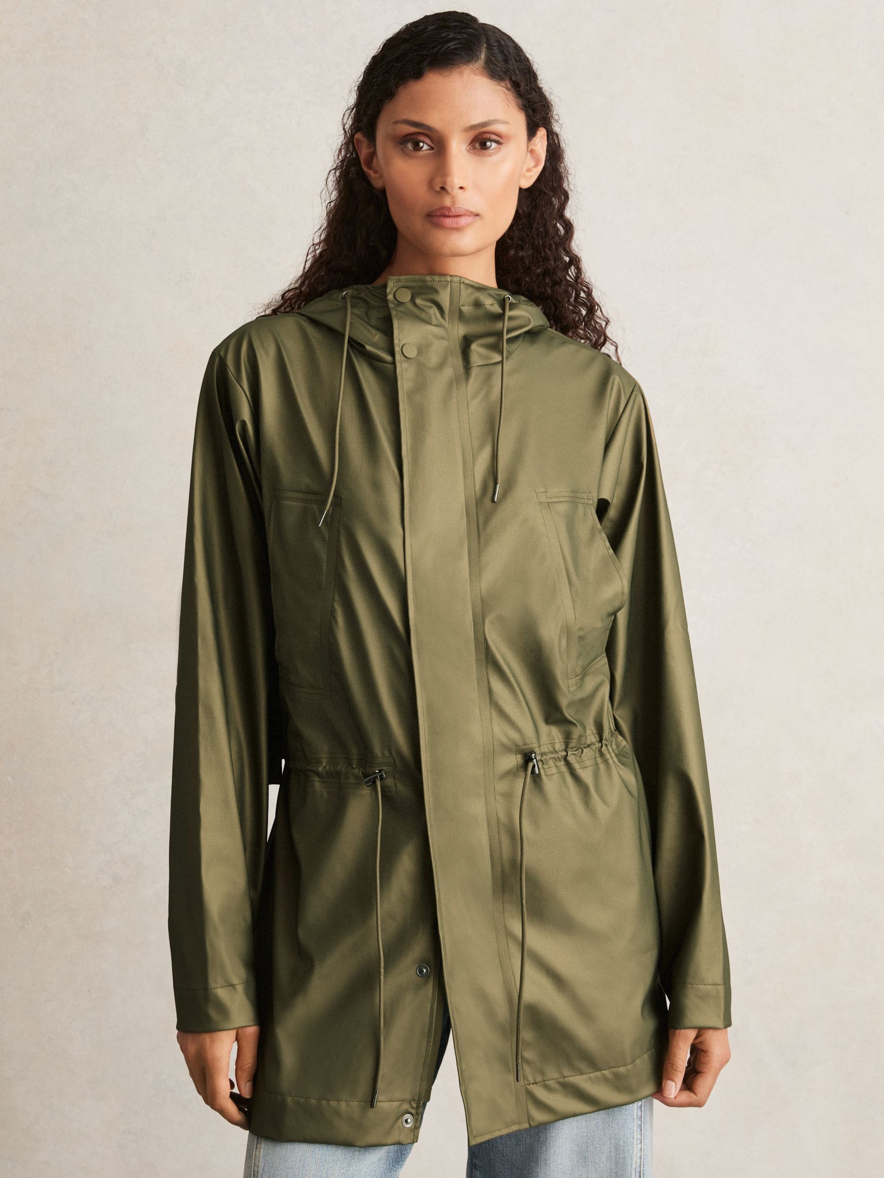 Rains Long Hooded Jacket in Revel Brass Green