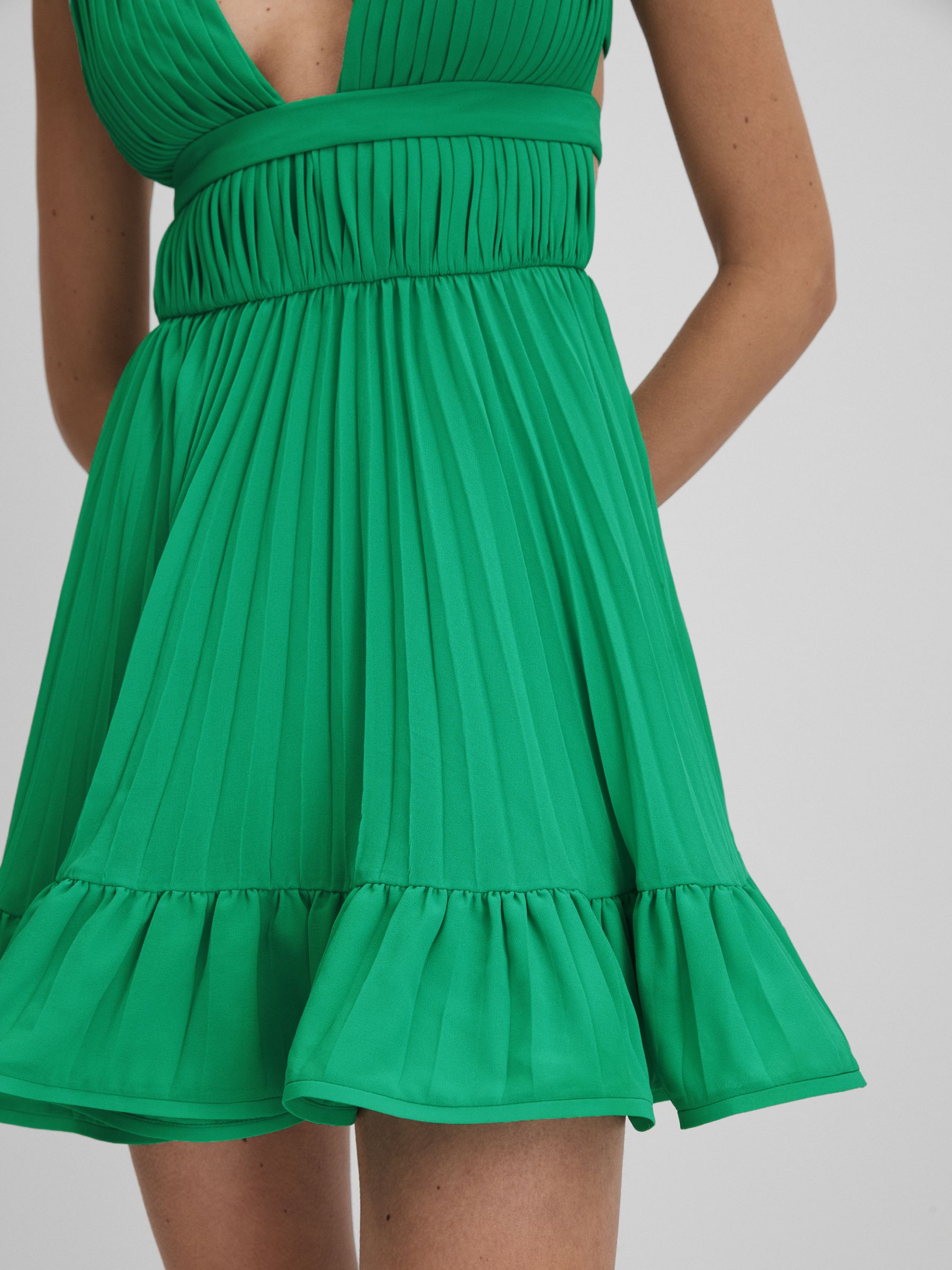 Amur Pleated Plunge Neck Mini Dress in Snow Pea