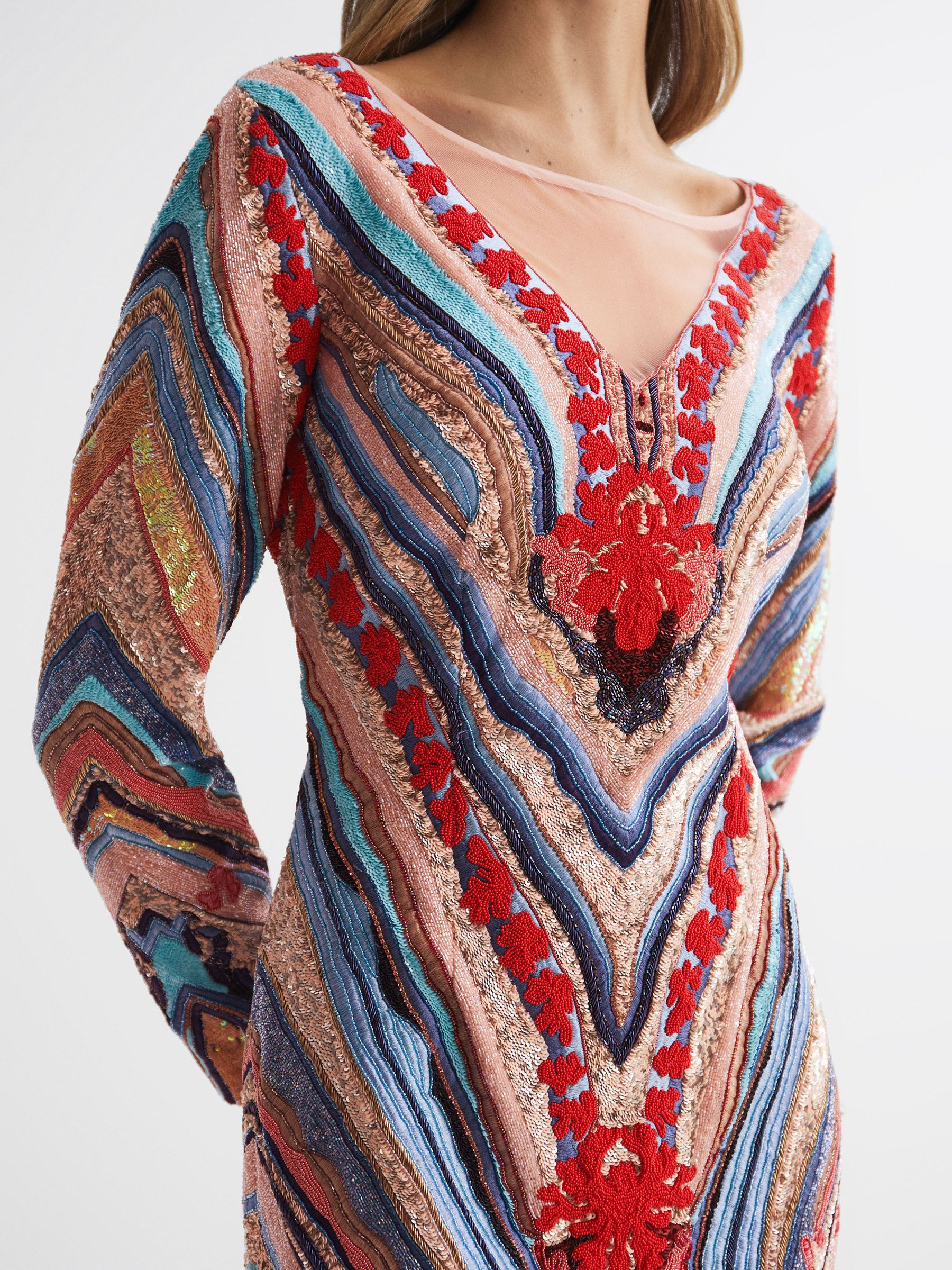 Raishma Embellished Textured Mini Dress in Pink Multi