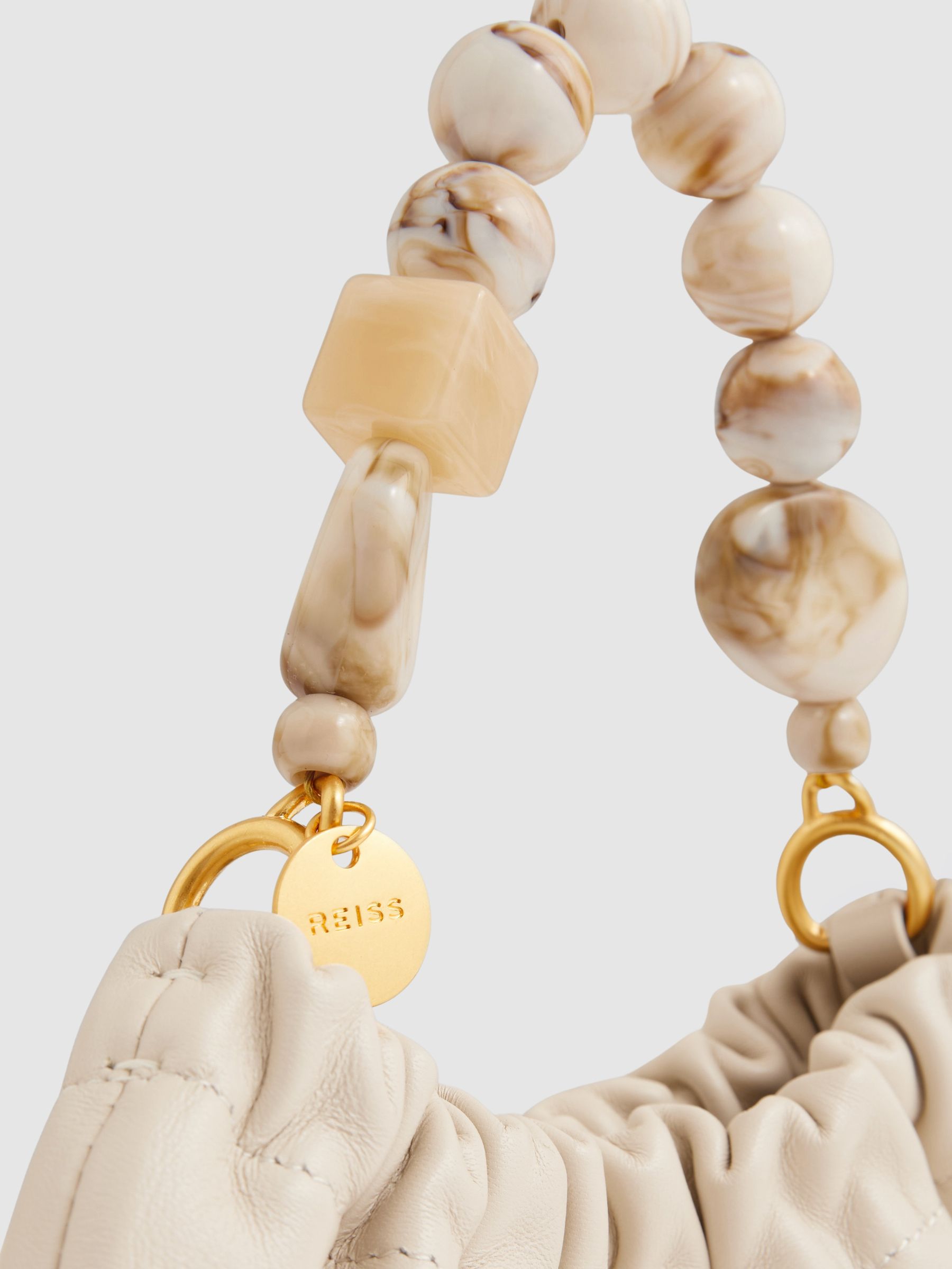 Leather Bead-Handle Pouch Bag in Off White