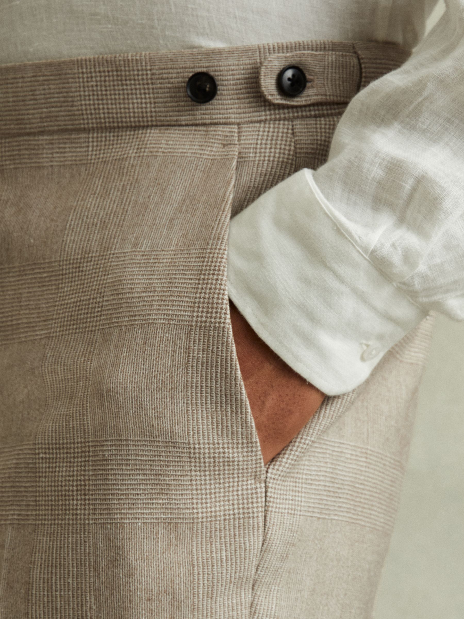 Checked Side Adjuster Trousers in Wool-Linen in Oatmeal