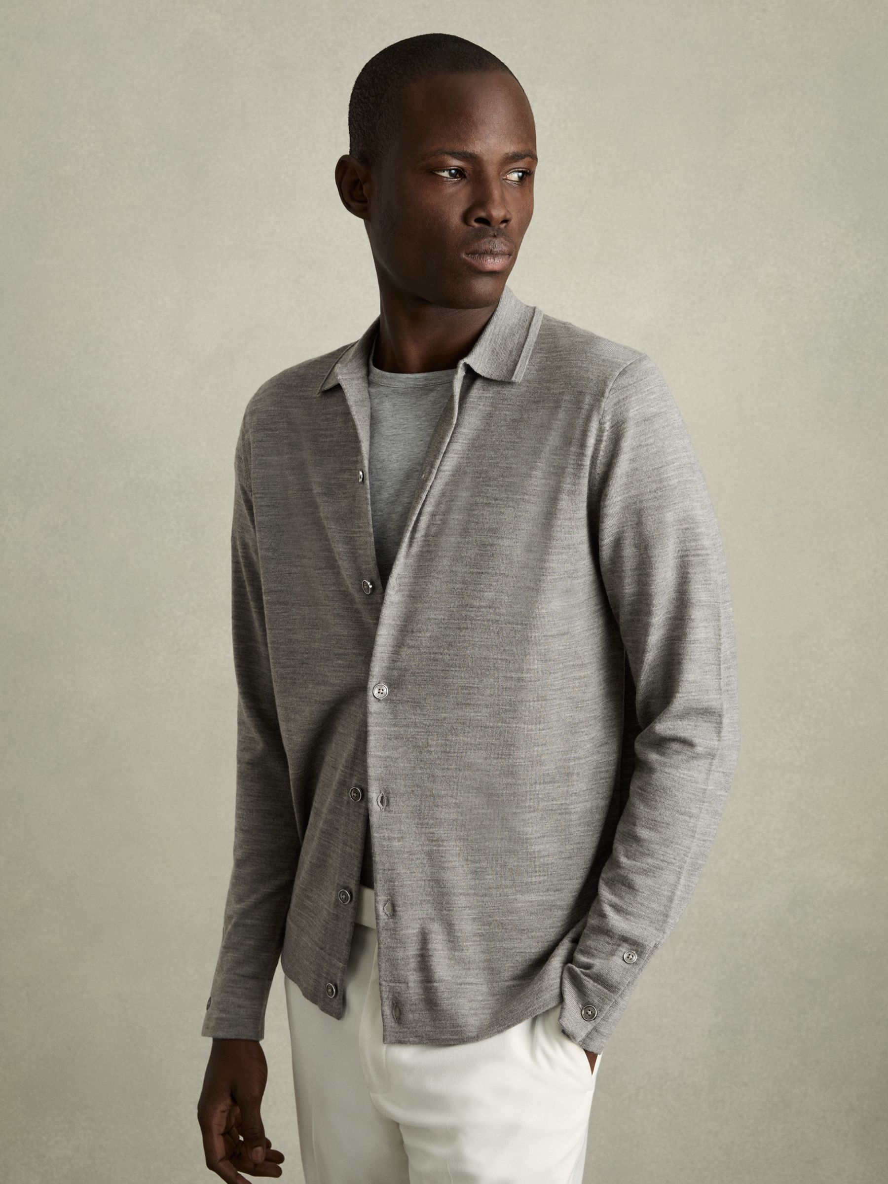 Merino Wool Button-Through Cardigan in Warm Grey Melange