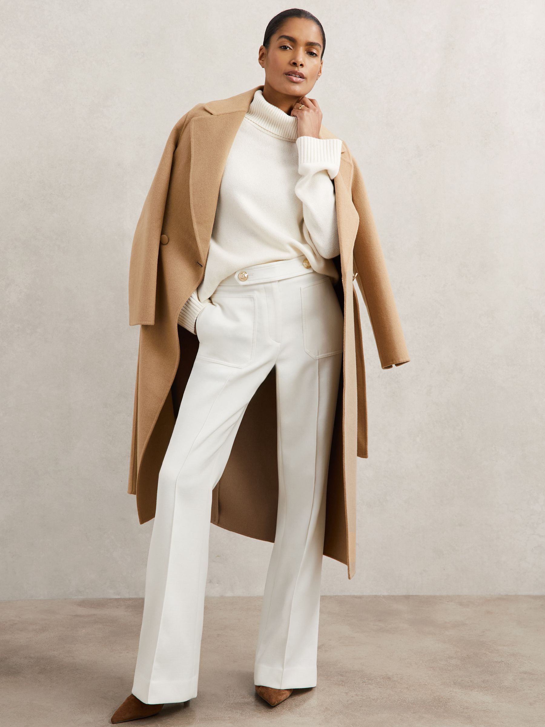 Petite Twill Button-Tab Flared Trousers With Wool in White