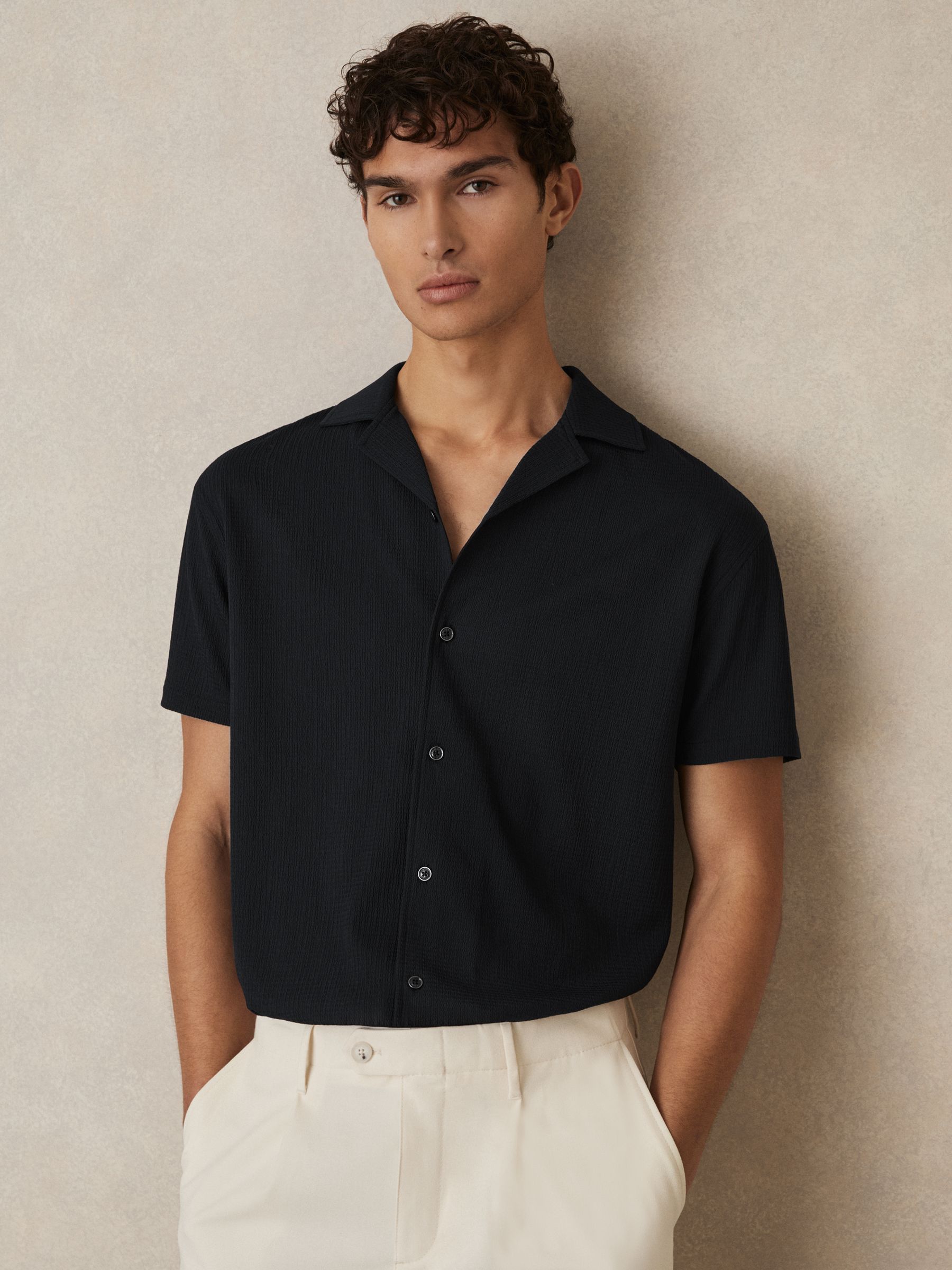 Textured Crepe Cuban Collar Shirt in Navy