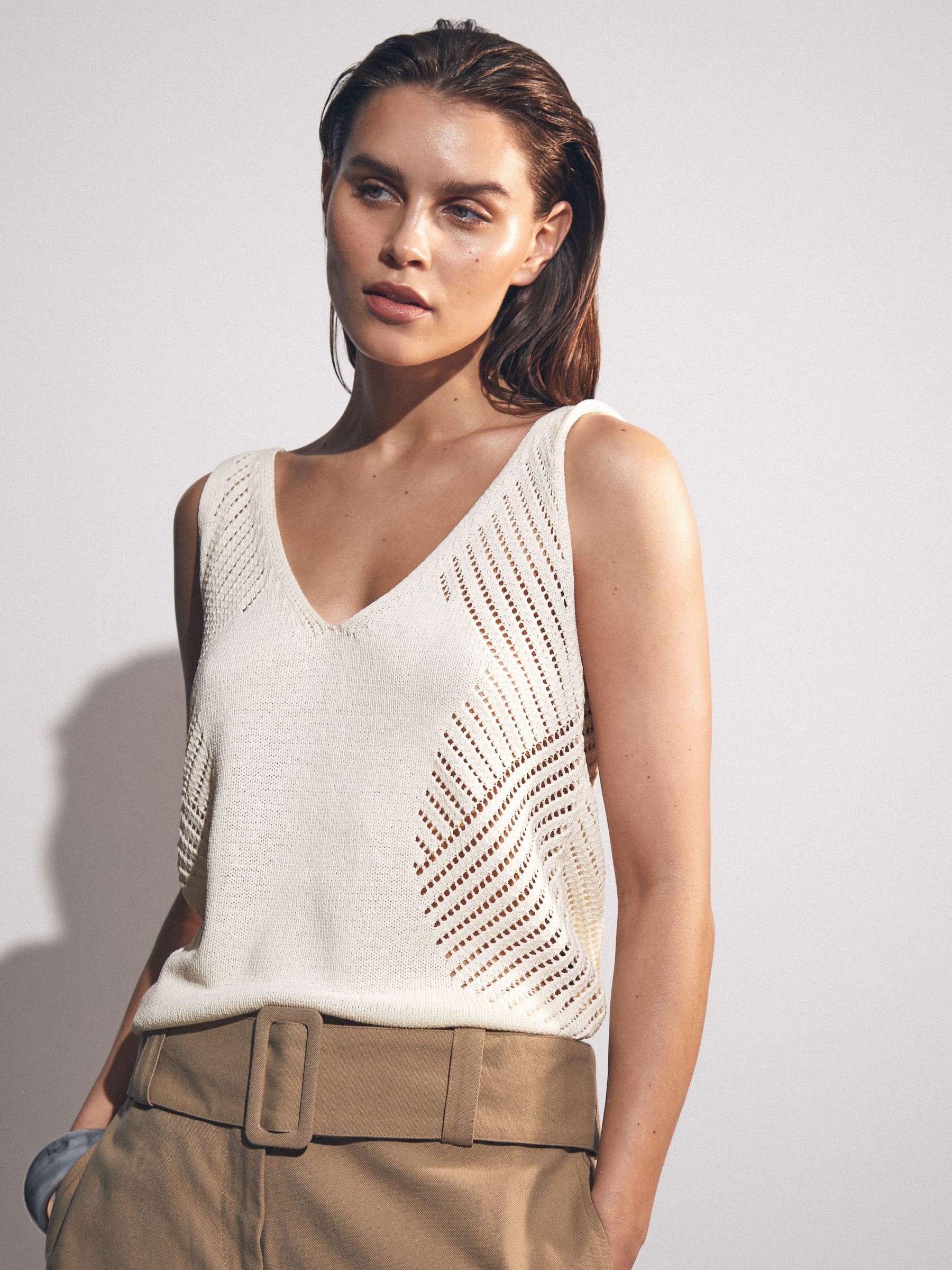 Cotton Blend Open Knit Vest in Ivory Cream