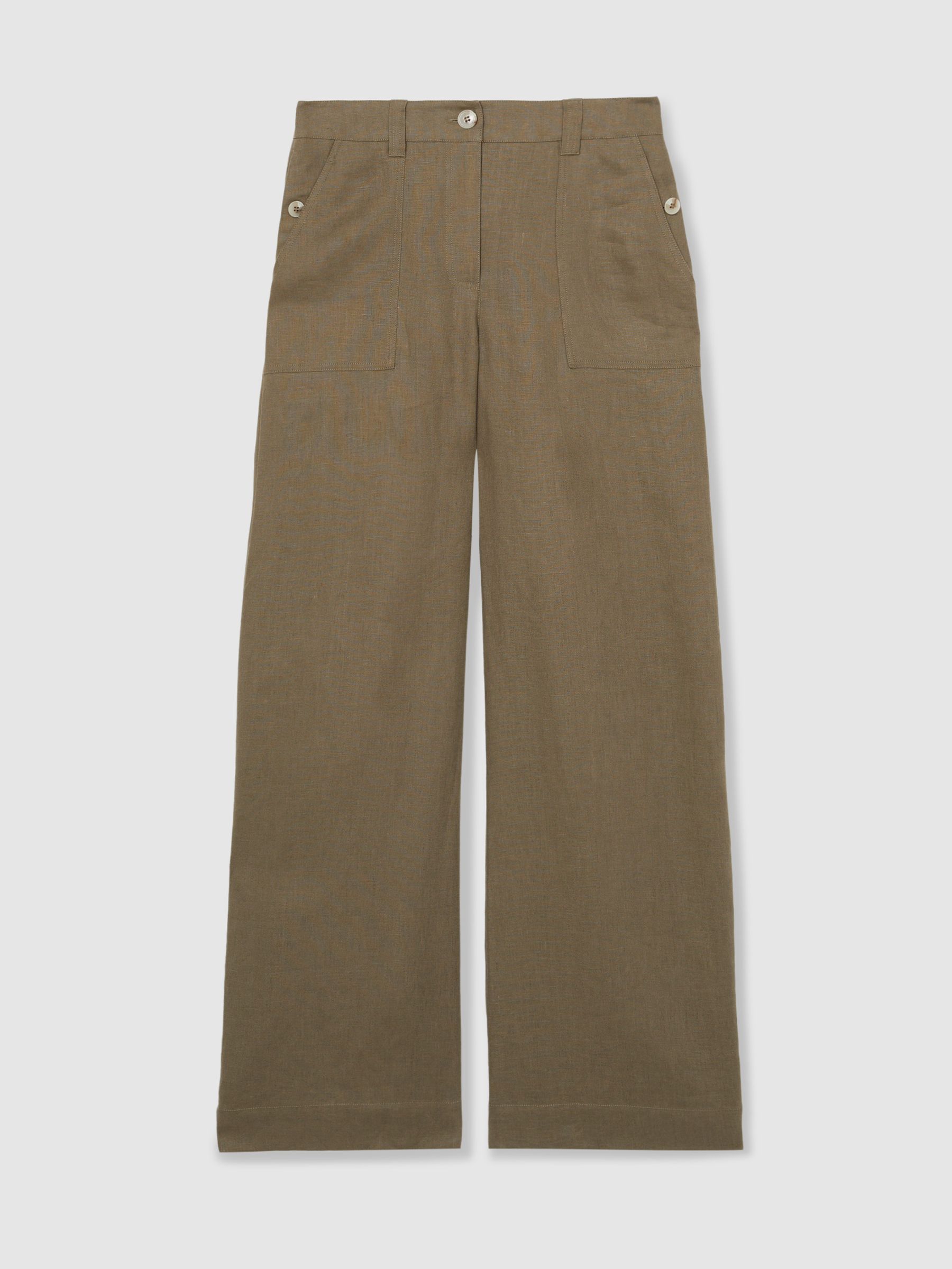 Petite Linen Wide Leg Trousers in Khaki