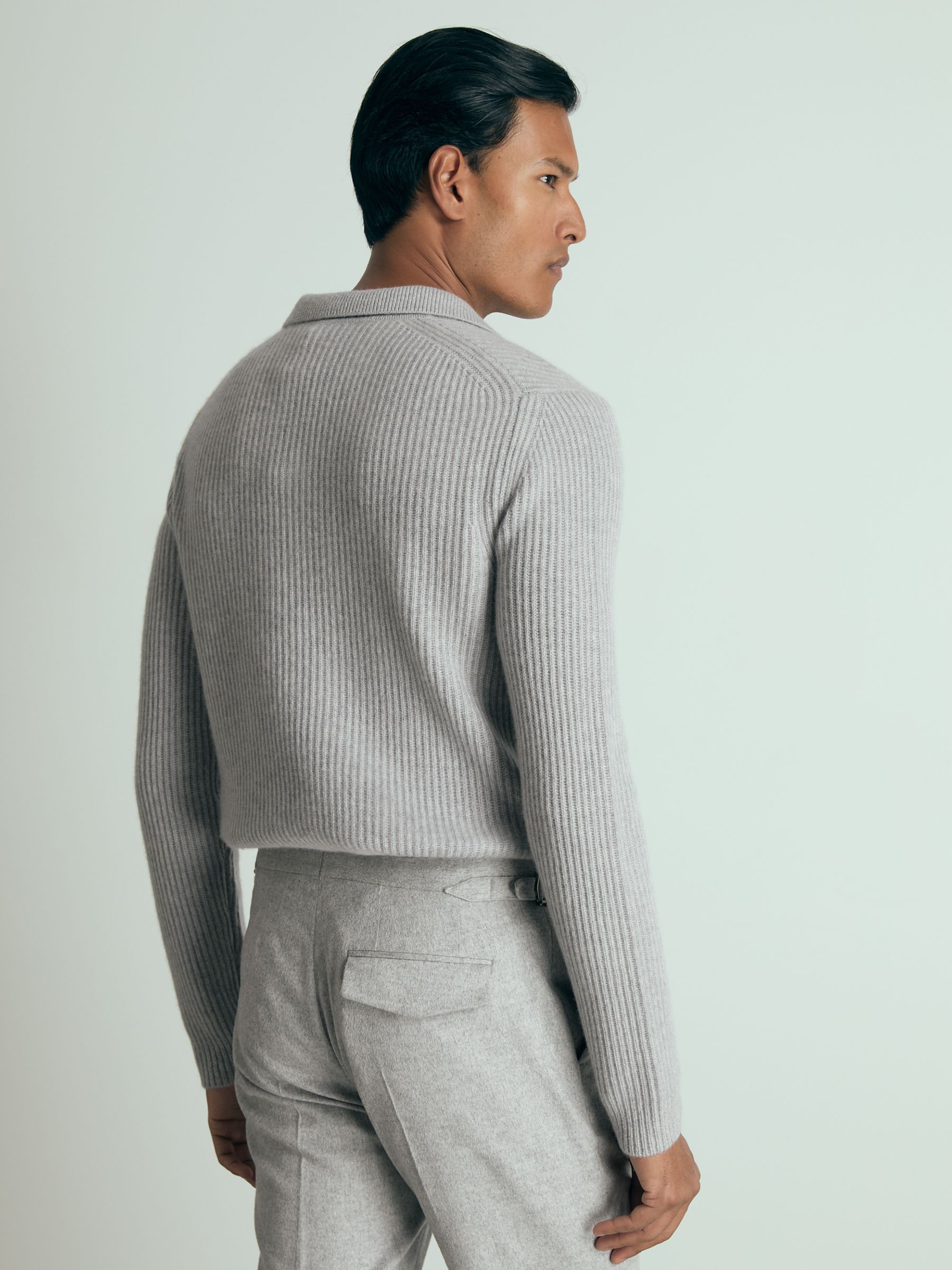 Atelier Ribbed-Cashmere Polo Shirt in Soft Grey Melange