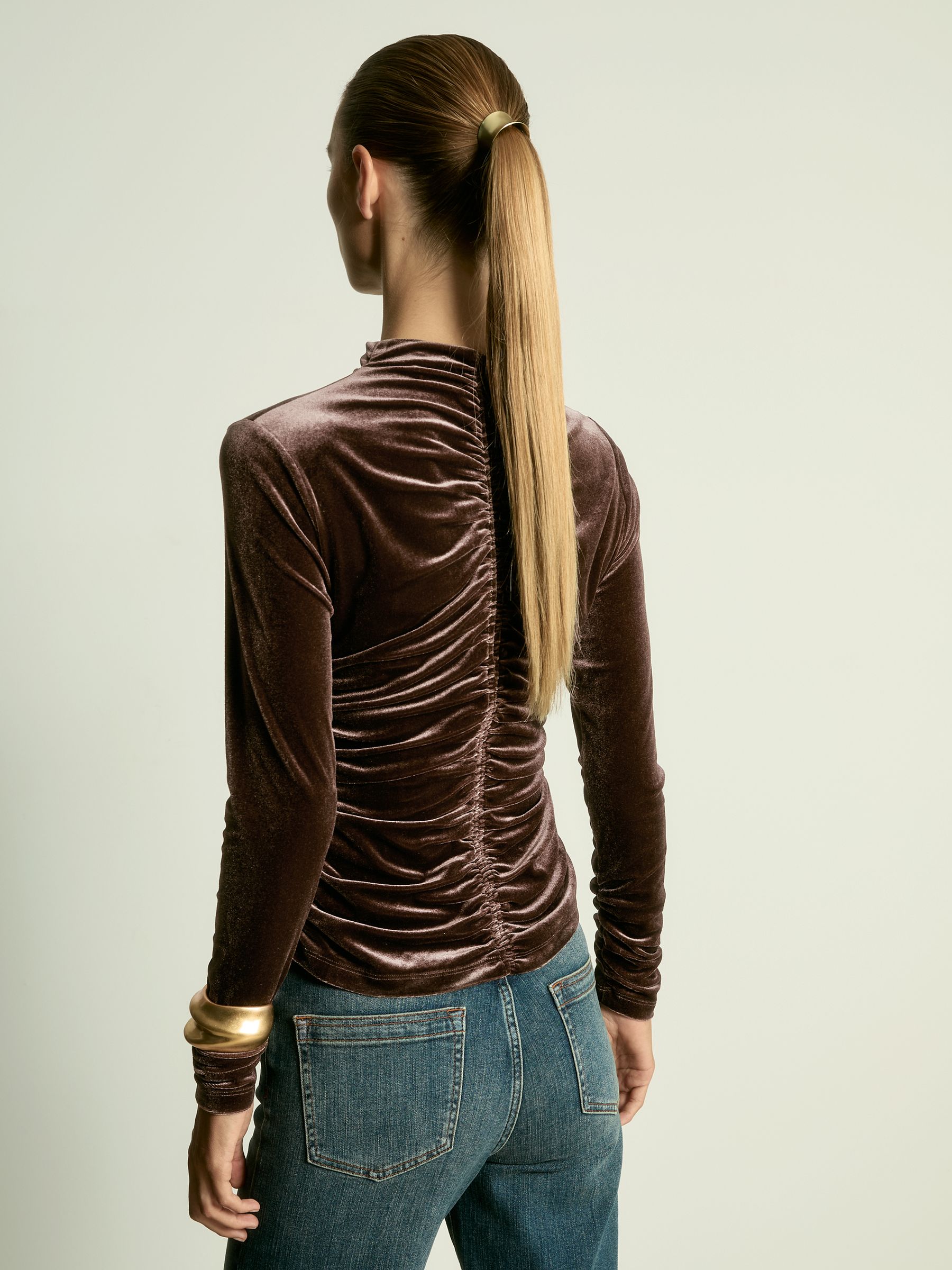 Velvet Ruched Long-Sleeve Top in Chocolate