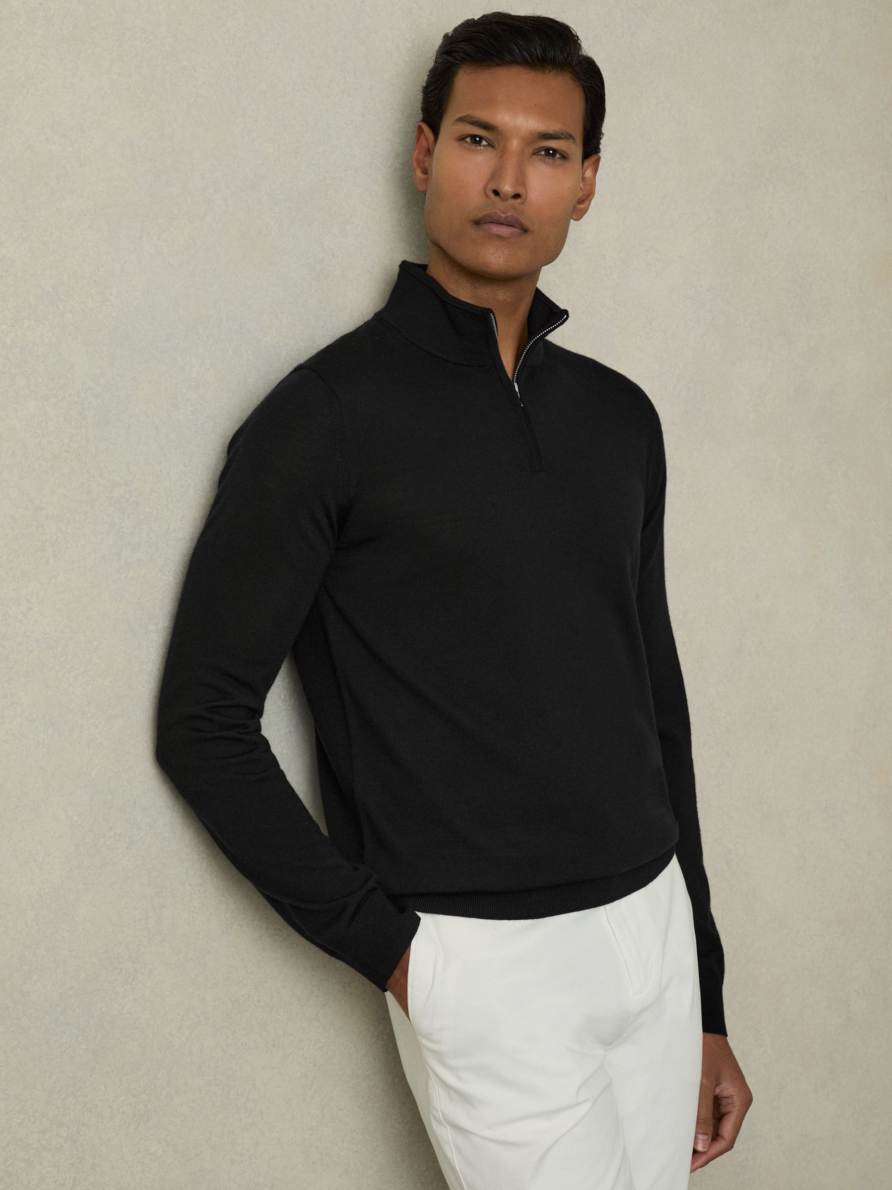 Merino Wool Half-Zip Funnel Neck Jumper in Black