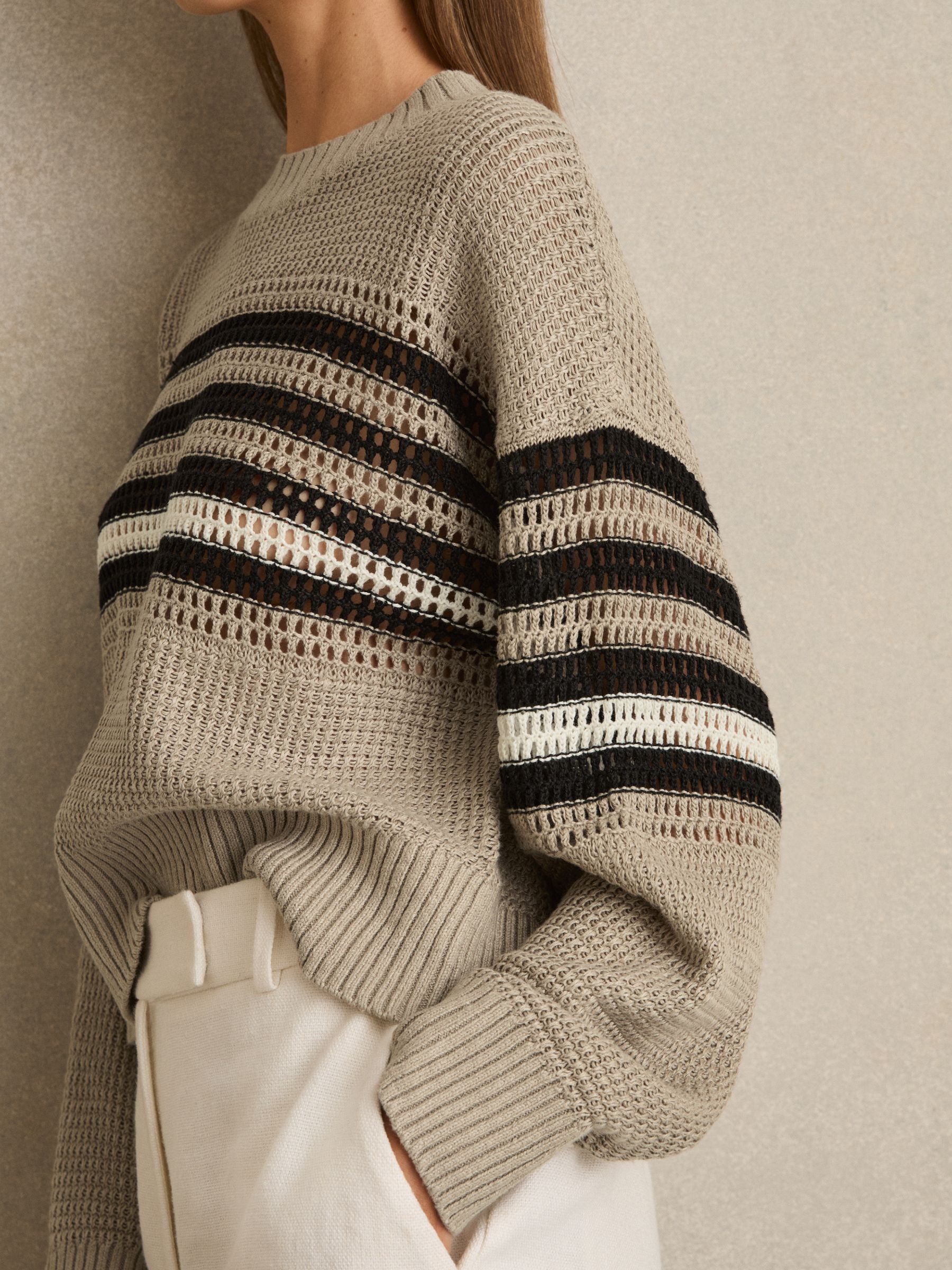 Linen Crochet Striped Jumper in Neutral/Black