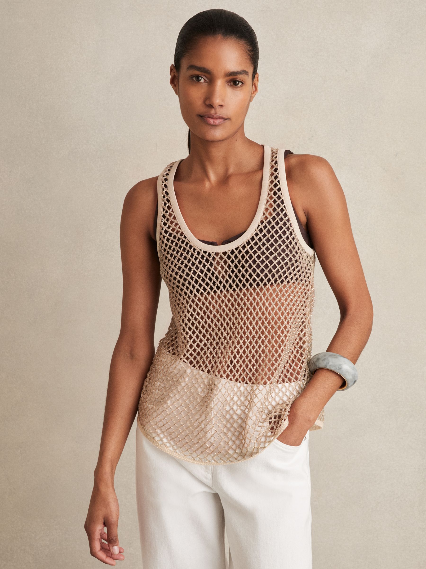 Mesh Knit Beaded Vest in Neutral