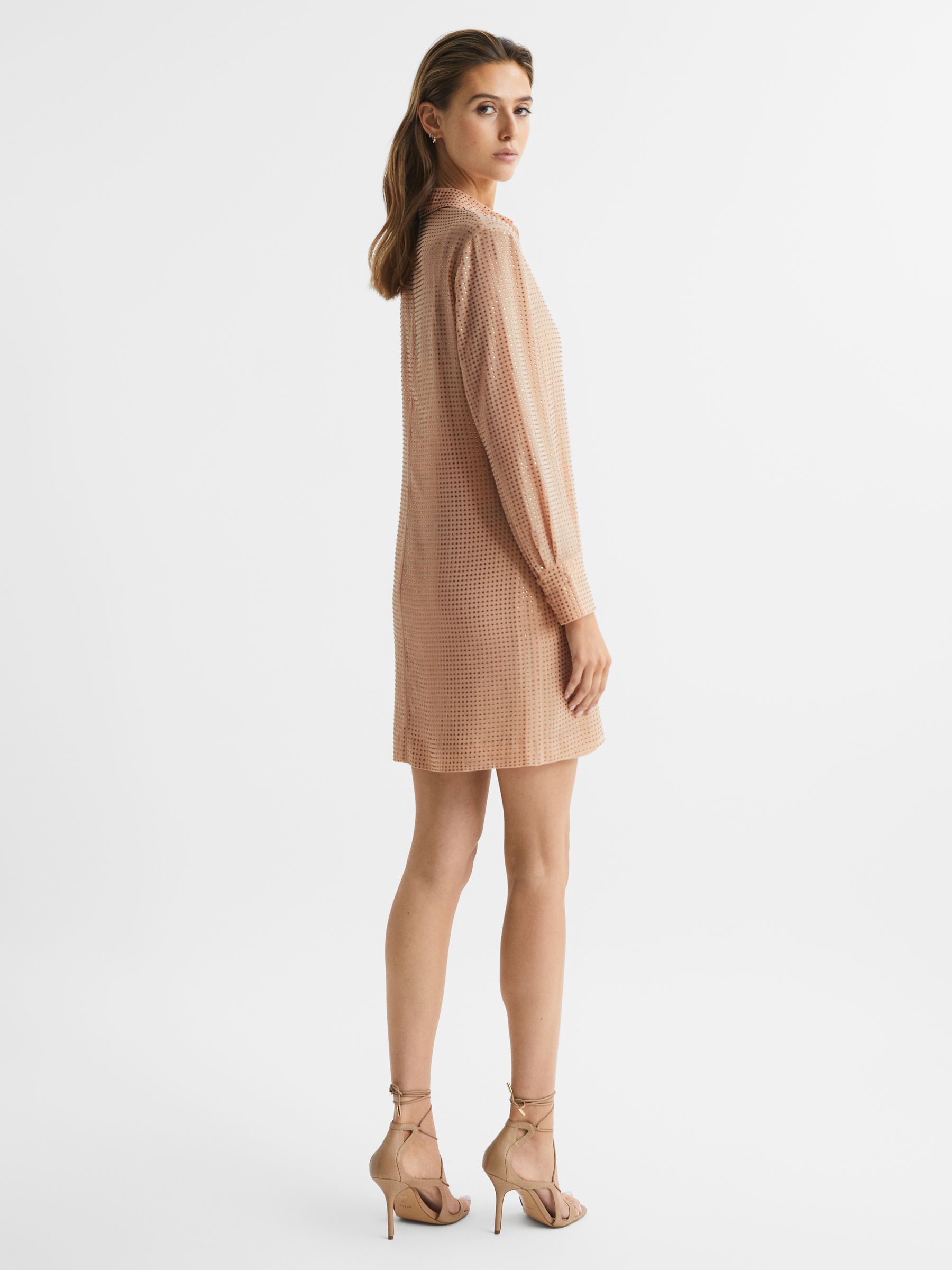 Embellished Mini Shirt Dress in Nude