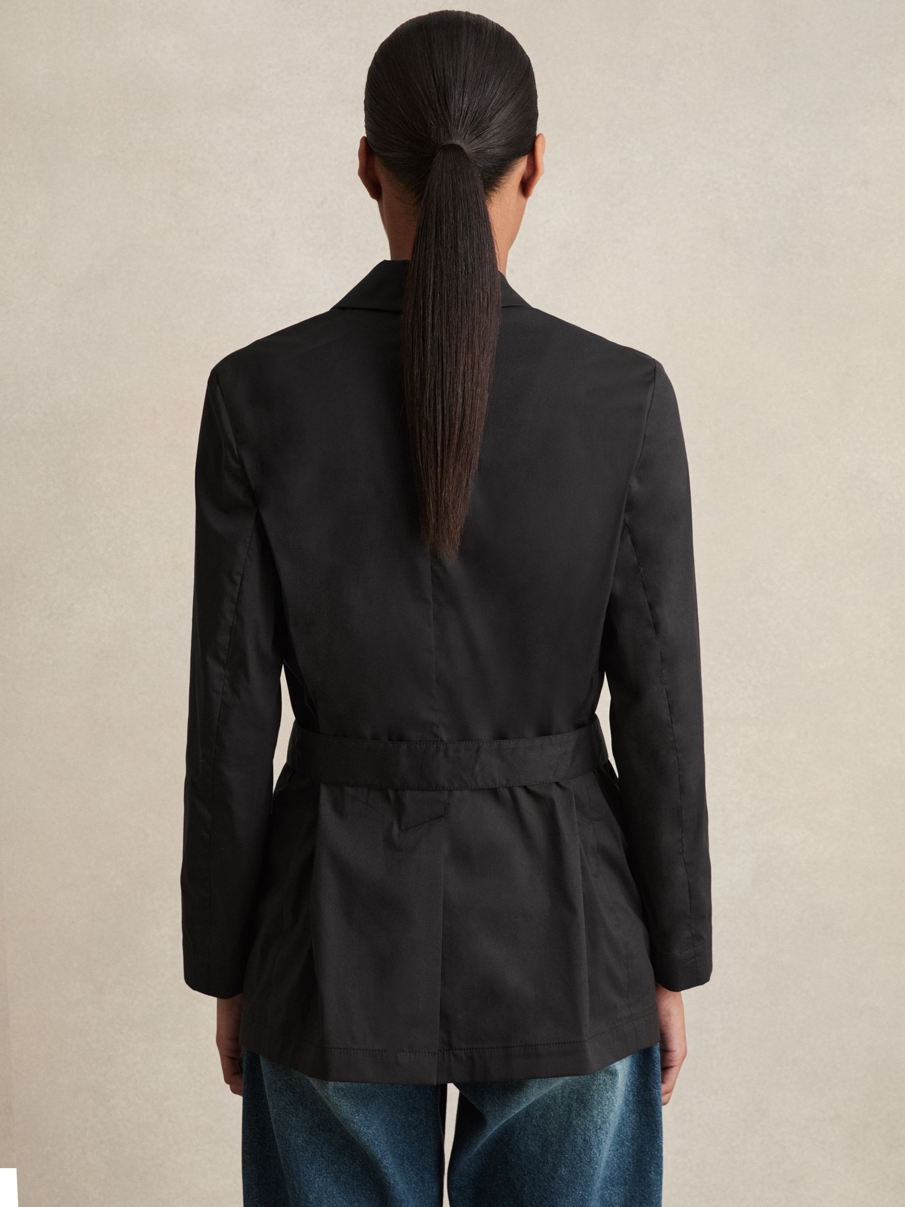 Cotton Blend Double Breasted Belted Jacket in Black