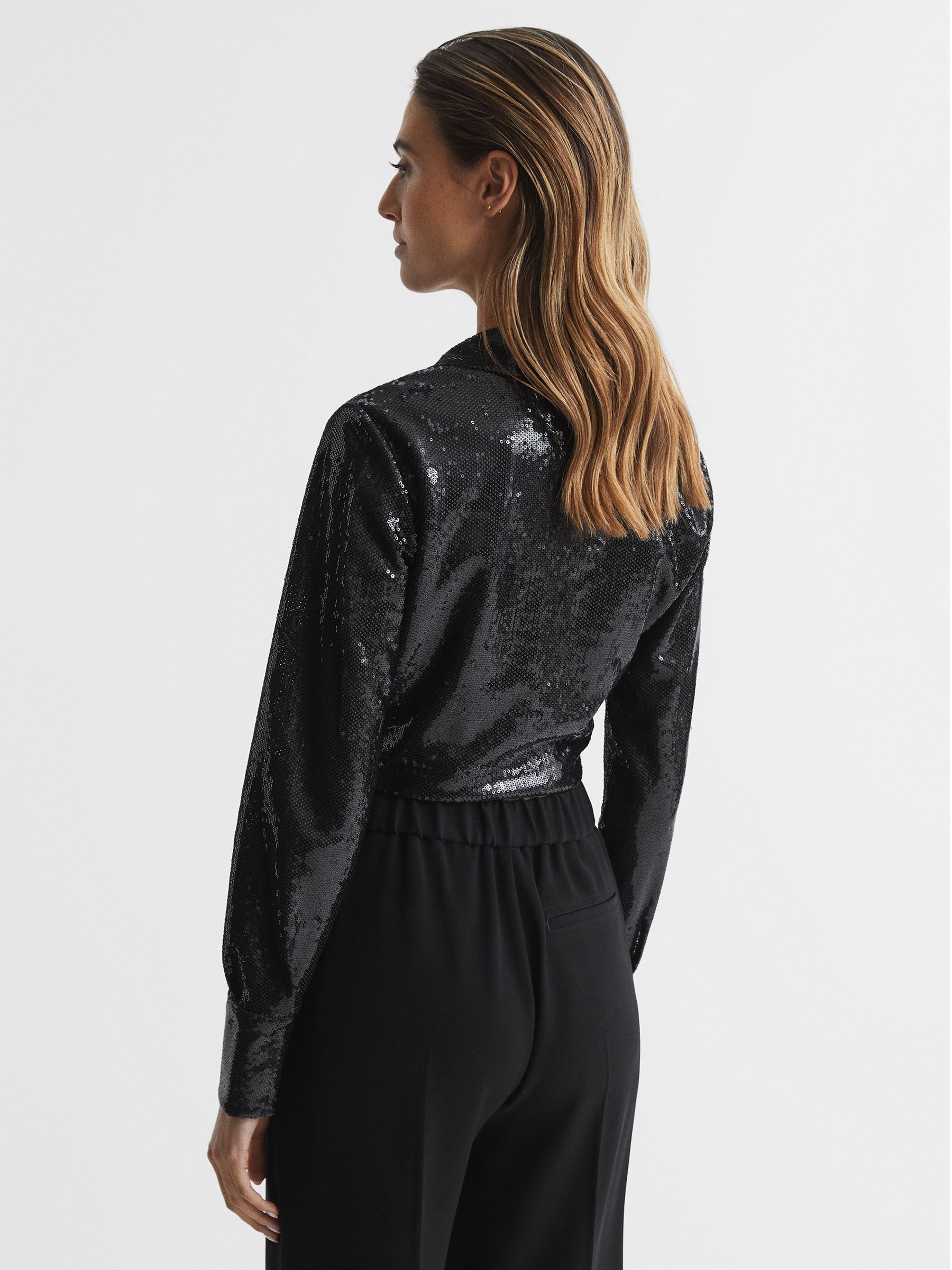 Tie Front Sequin Top in Black