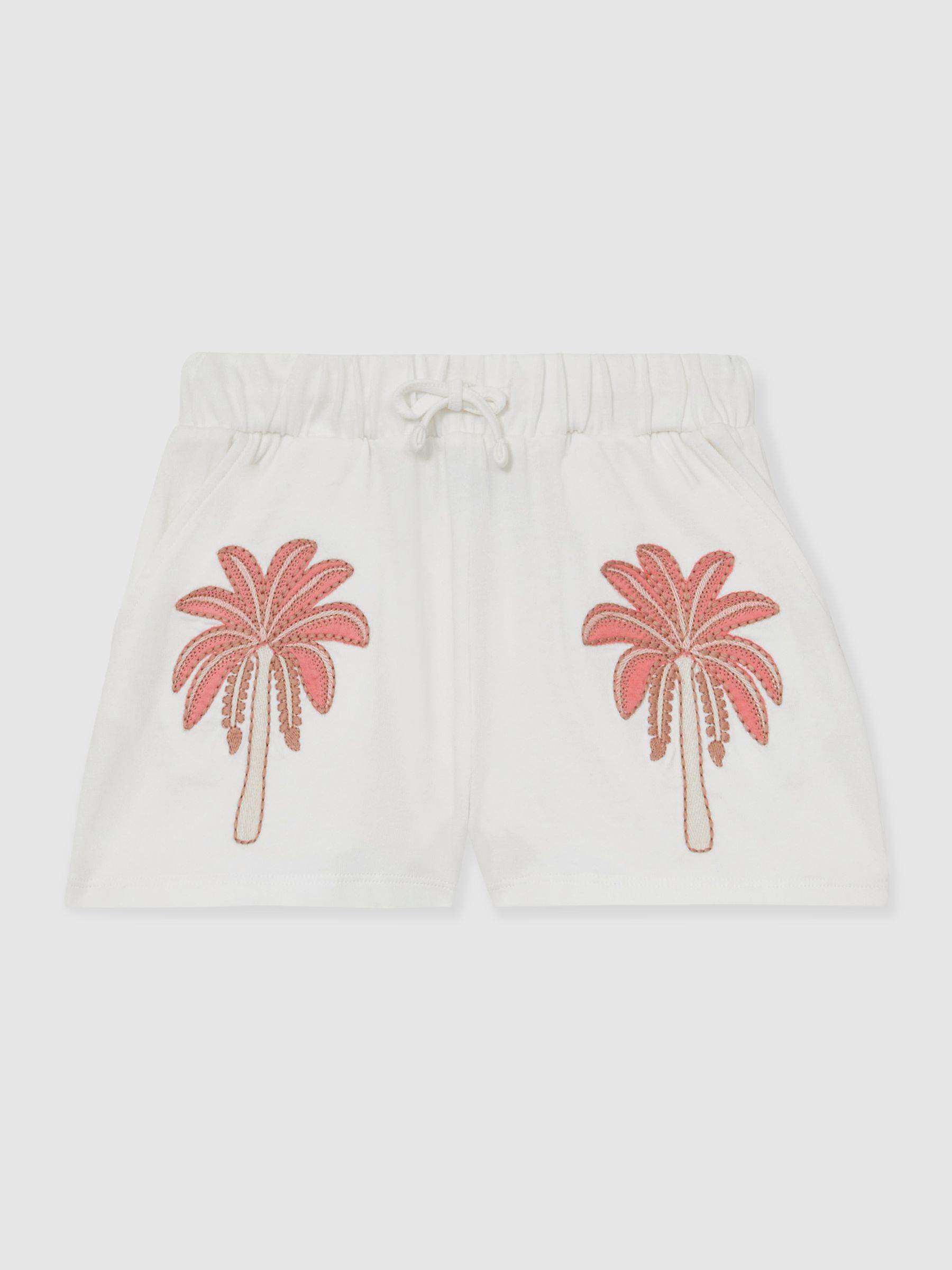 13-14 yrs Cotton Palm Tree Drawstring Shorts in Ivory