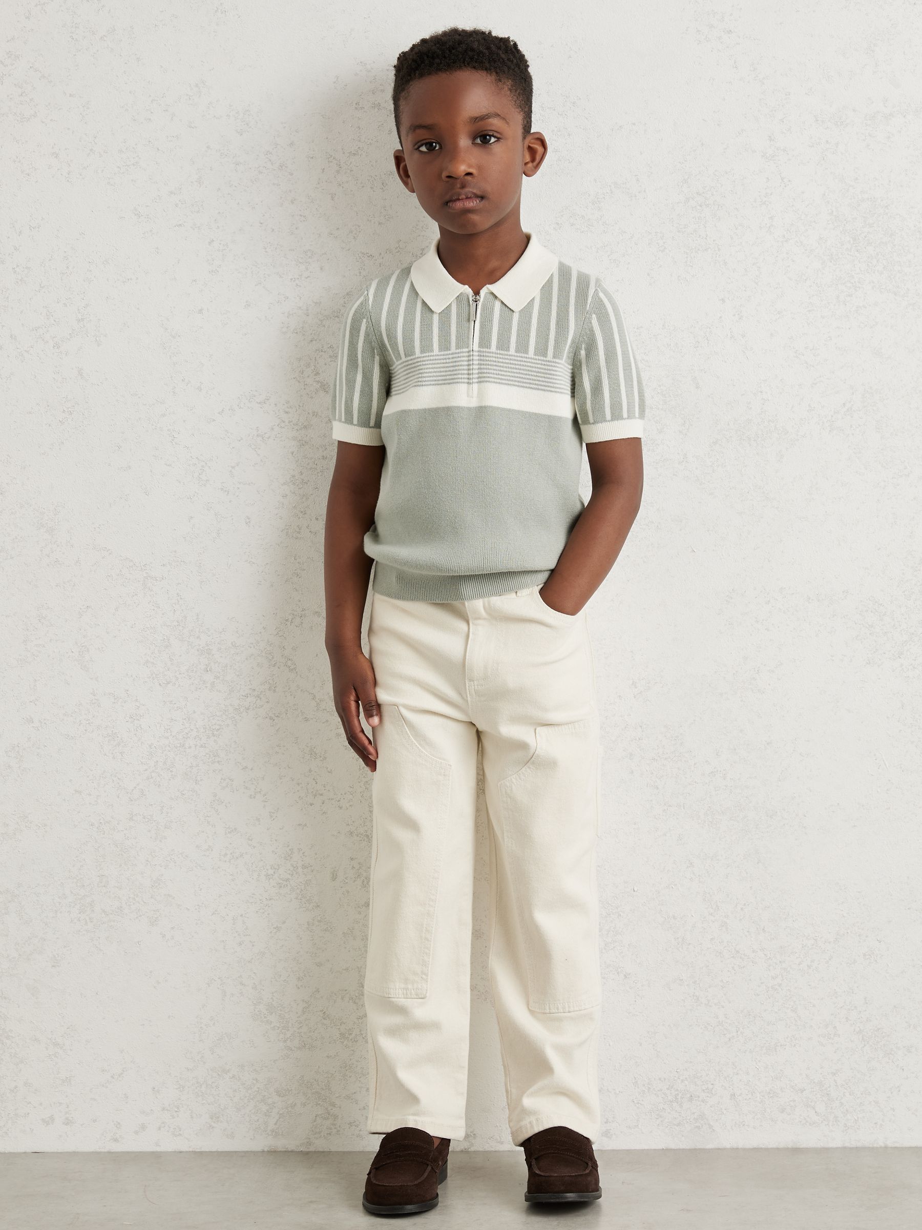 13-14 yrs Cotton Stripe Knit Half-Zip Polo Shirt in Sage Green/Off White