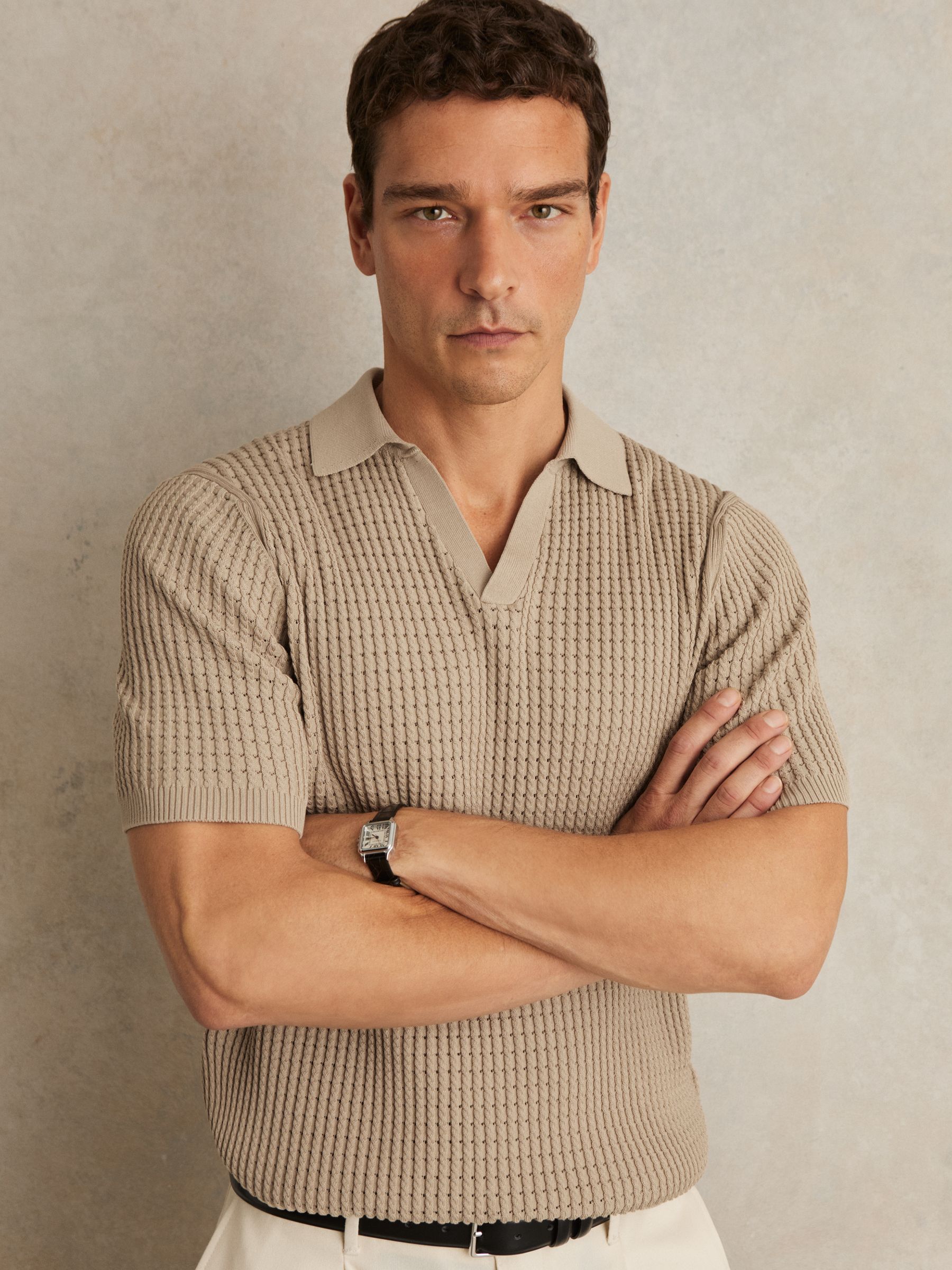 Micro-Cable Open-Collar Cotton-Blend Shirt in Light Camel Brown