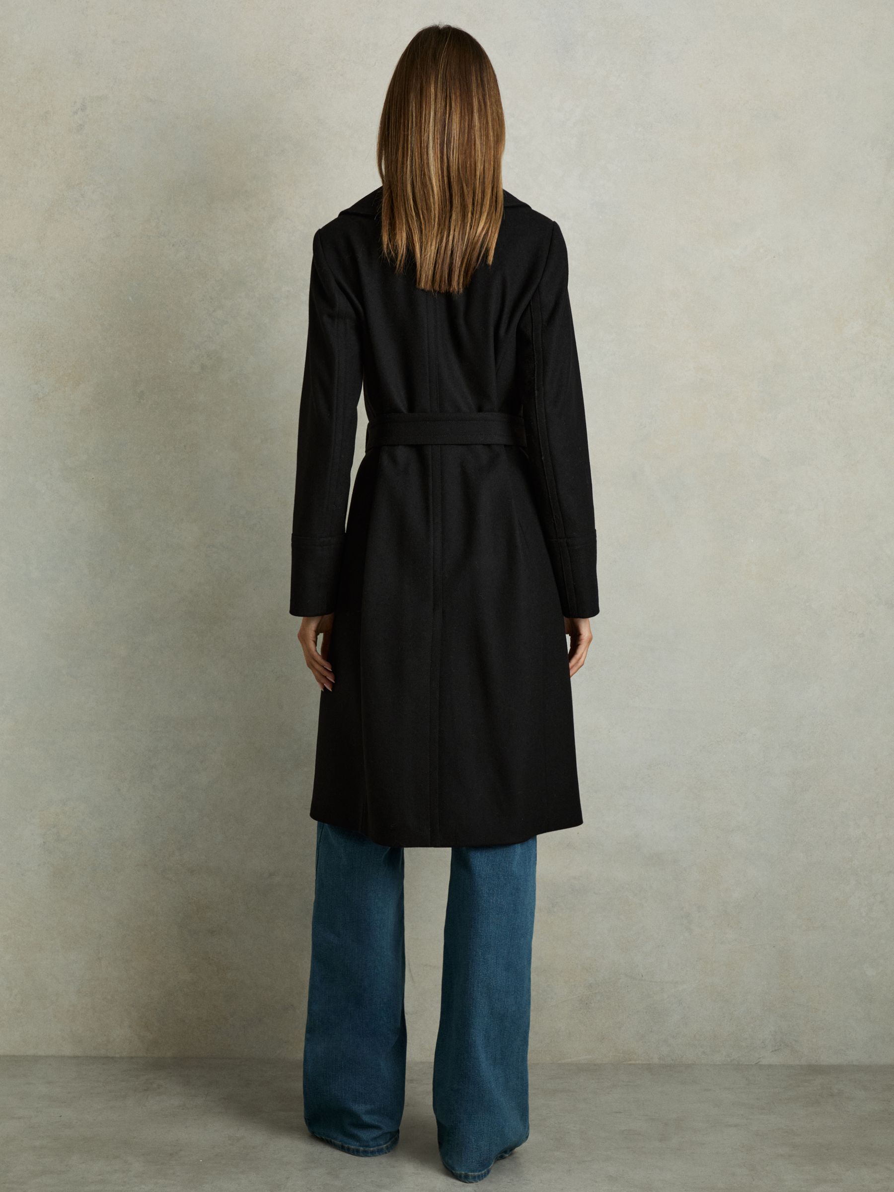 Wool Blend Belted Double Breasted Coat With Cashmere in Black