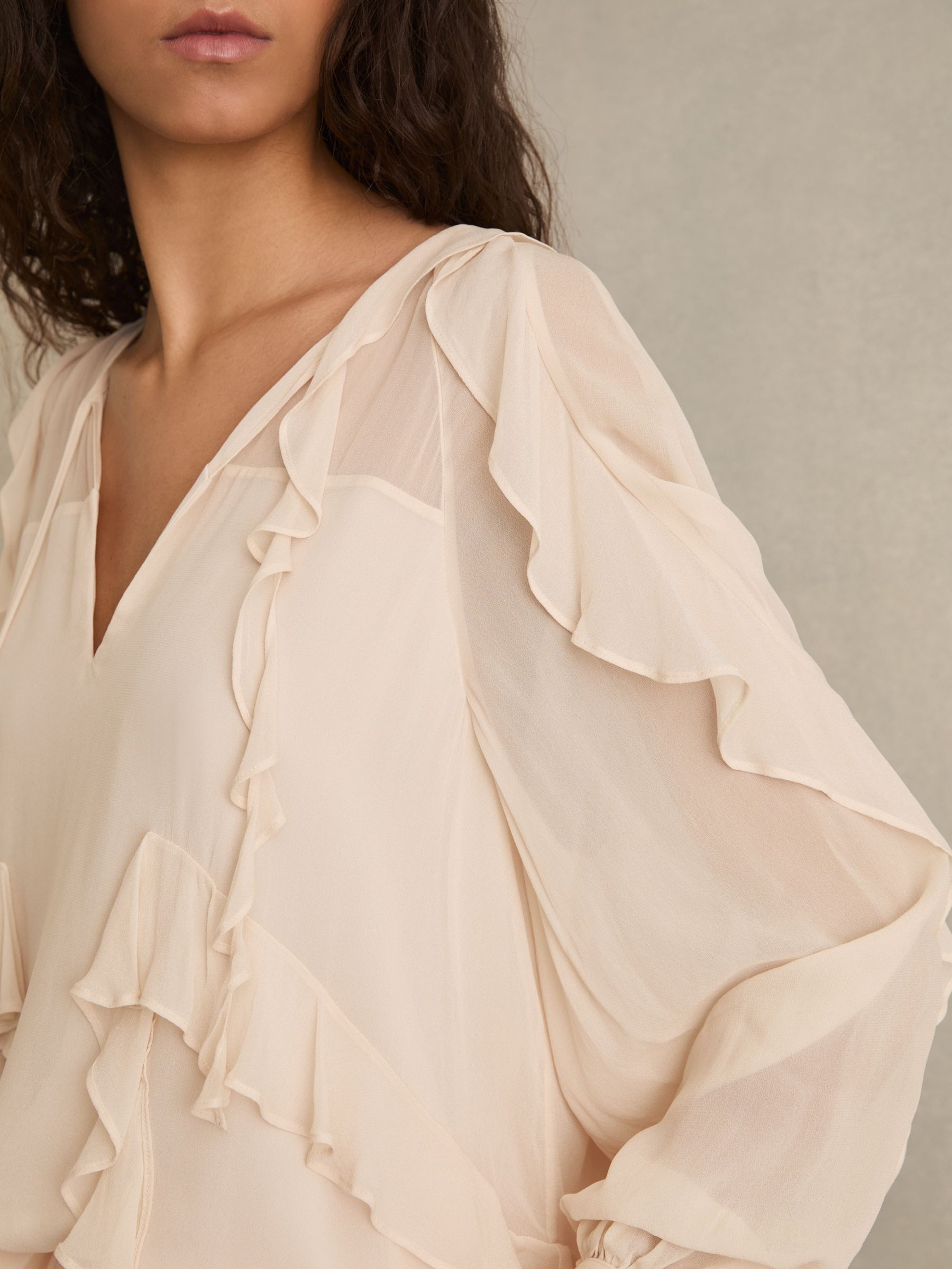 Ruffle Trim Tie Neck Top in Pale Pink
