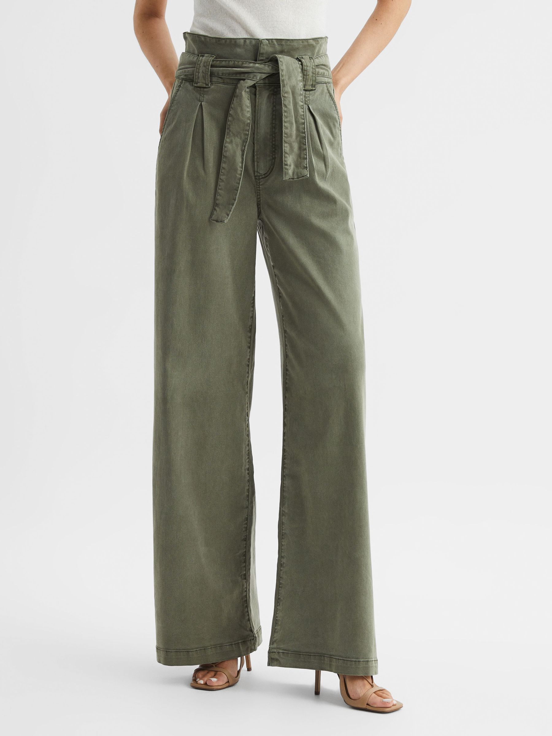 Paige High Rise Paper Bag Trousers in Vintage Ivy Green