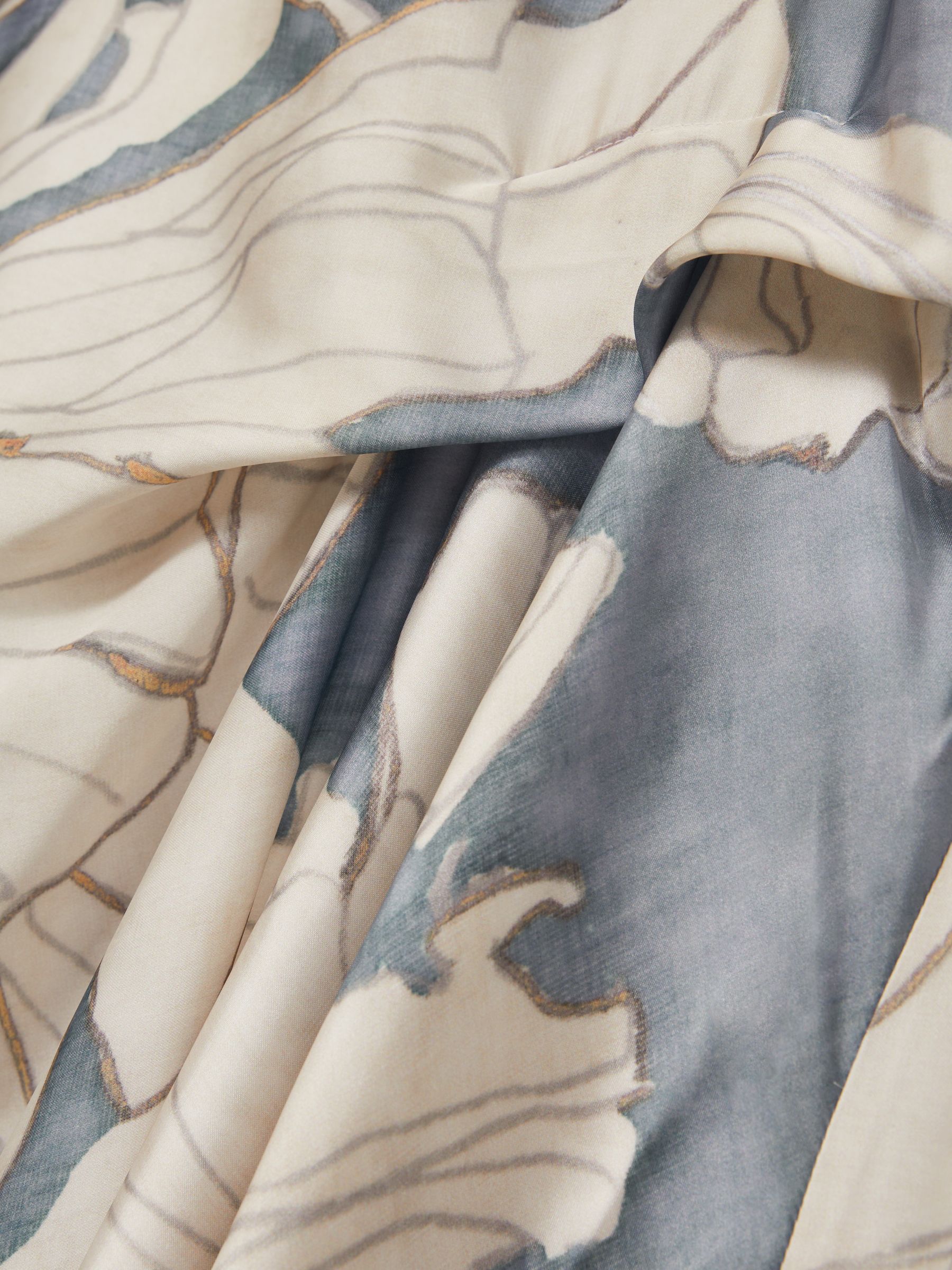 Satin Floral Drape Midi Dress in Blue