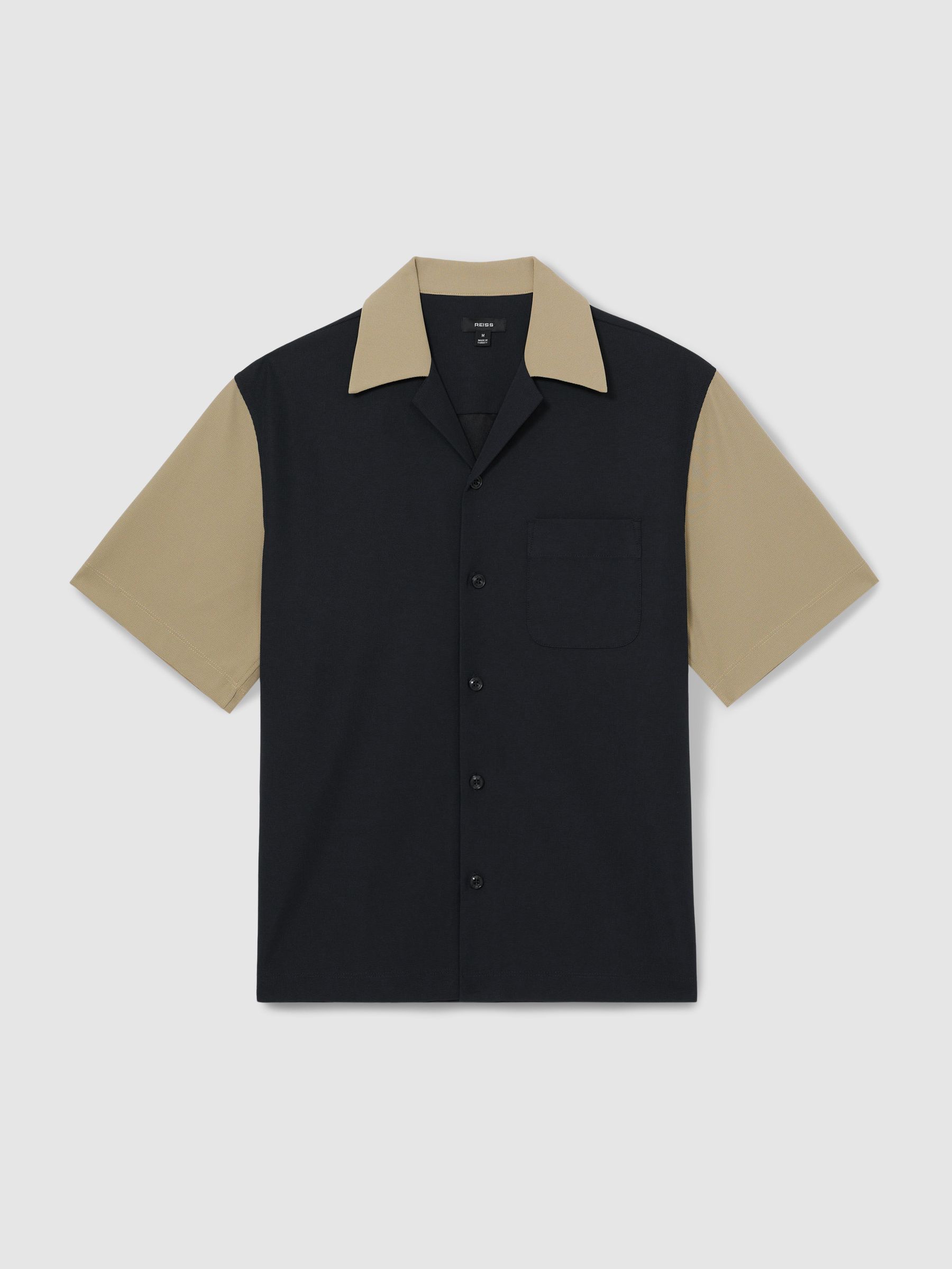 Colour-Block Cuban-Collar Shirt in Navy/Brown