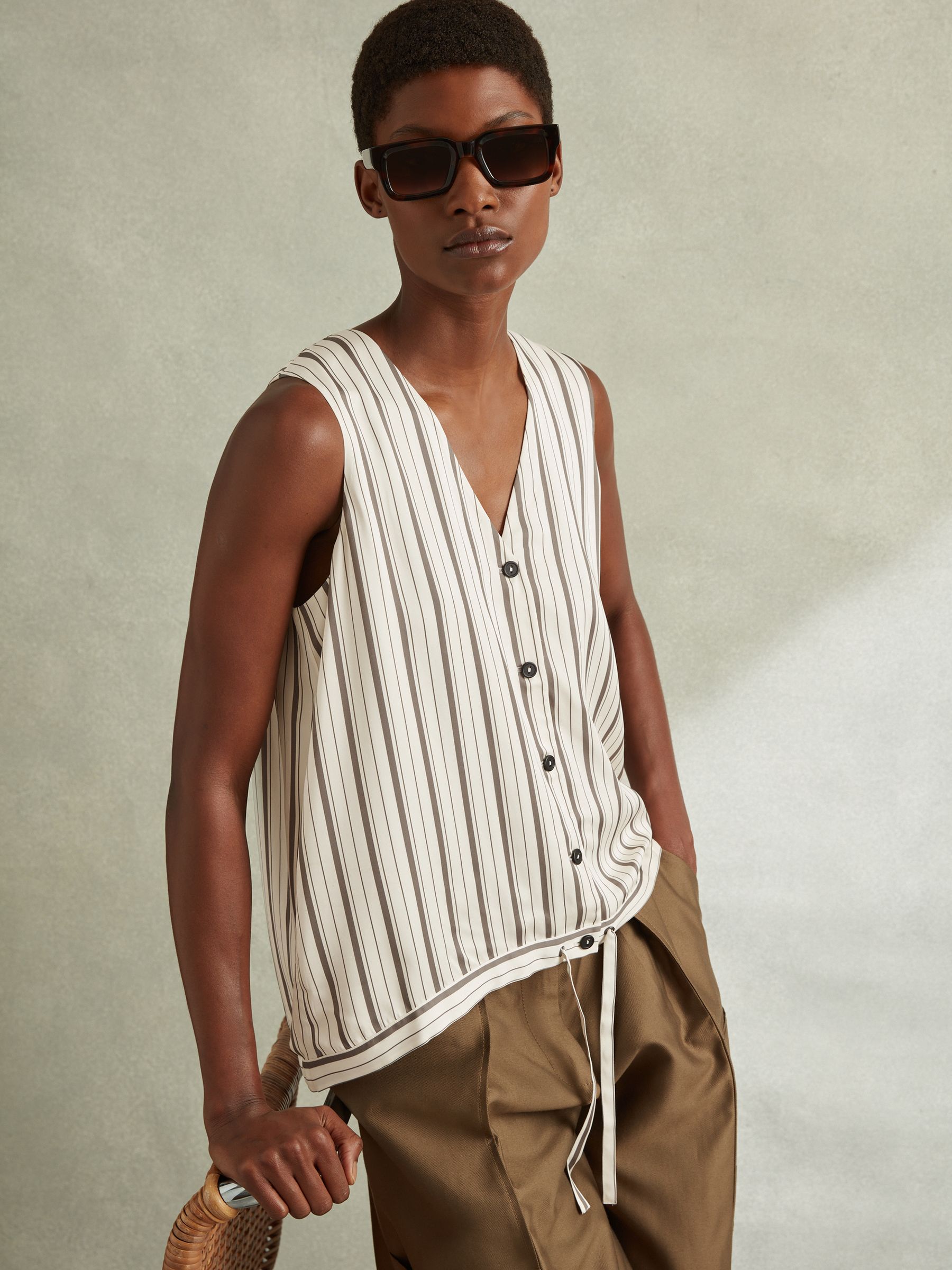 Striped Drawstring Hem Waistcoat in Ivory/Grey