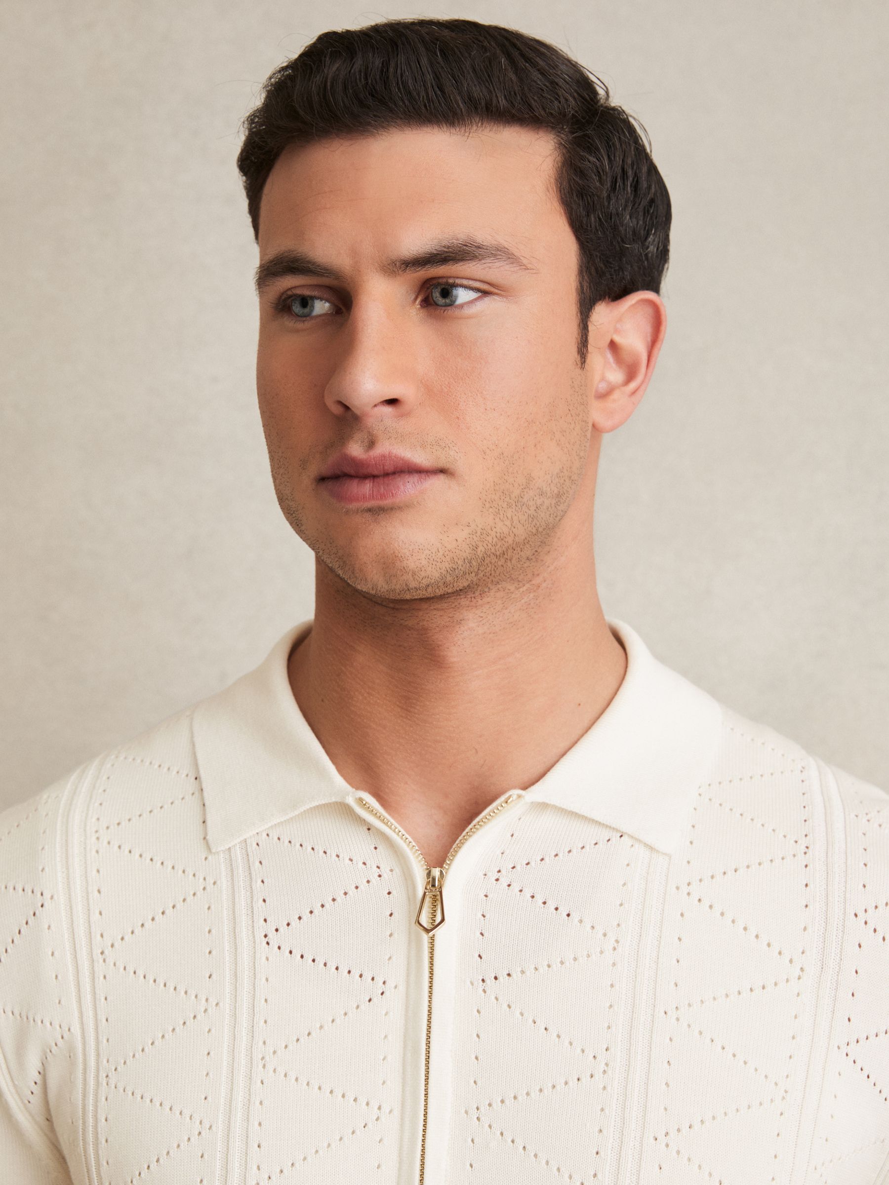 Pointelle-Knit Zip-Through Shirt in White