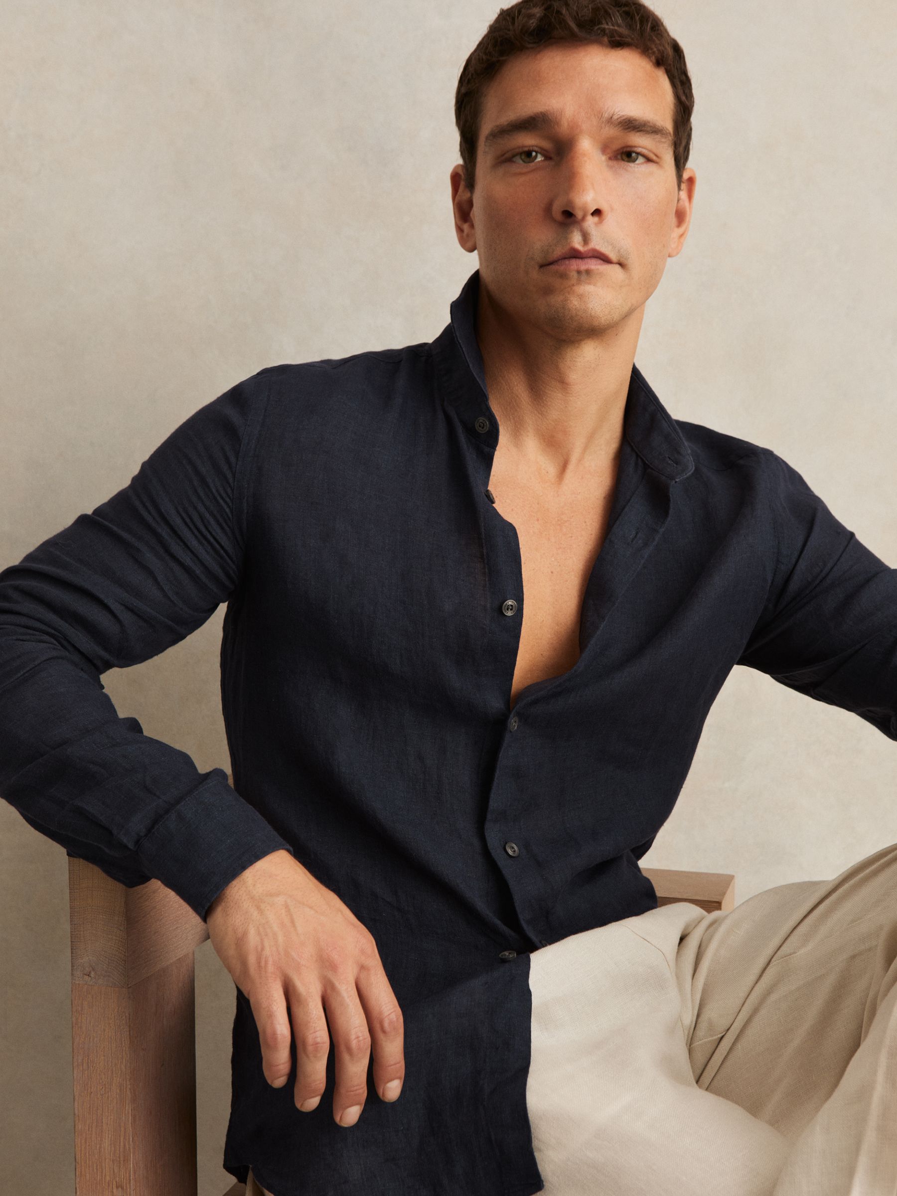 Linen Button-Through Shirt in Navy