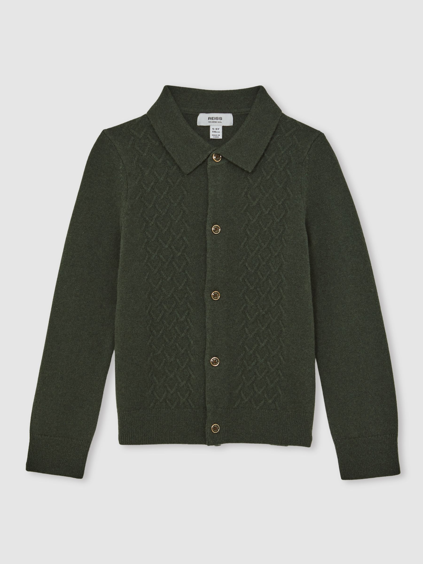 13-14 yrs Wool V-Stitch Button-Through Cardigan in Forest Green