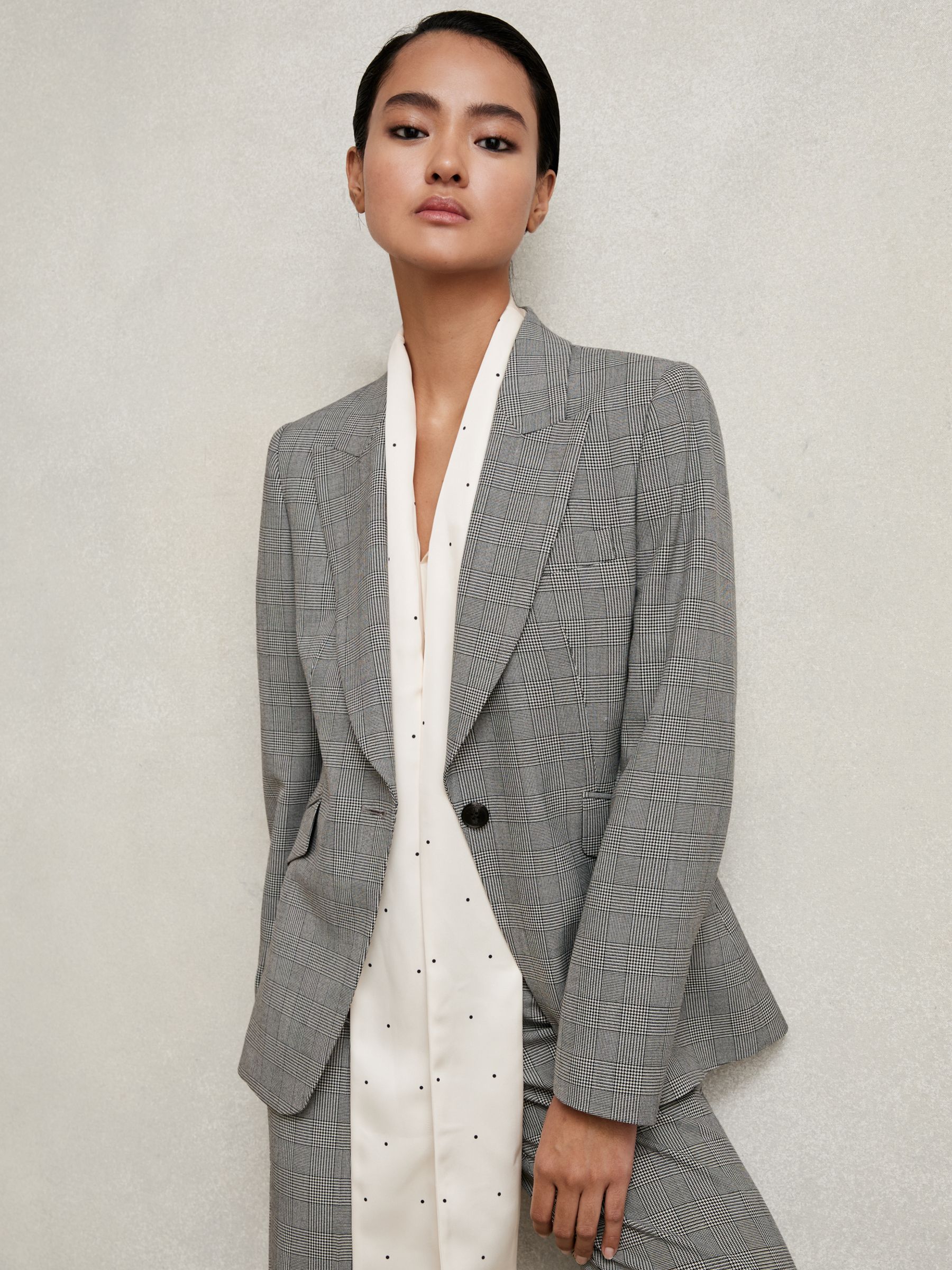 Petite Single-Breasted Check Suit Blazer in Grey
