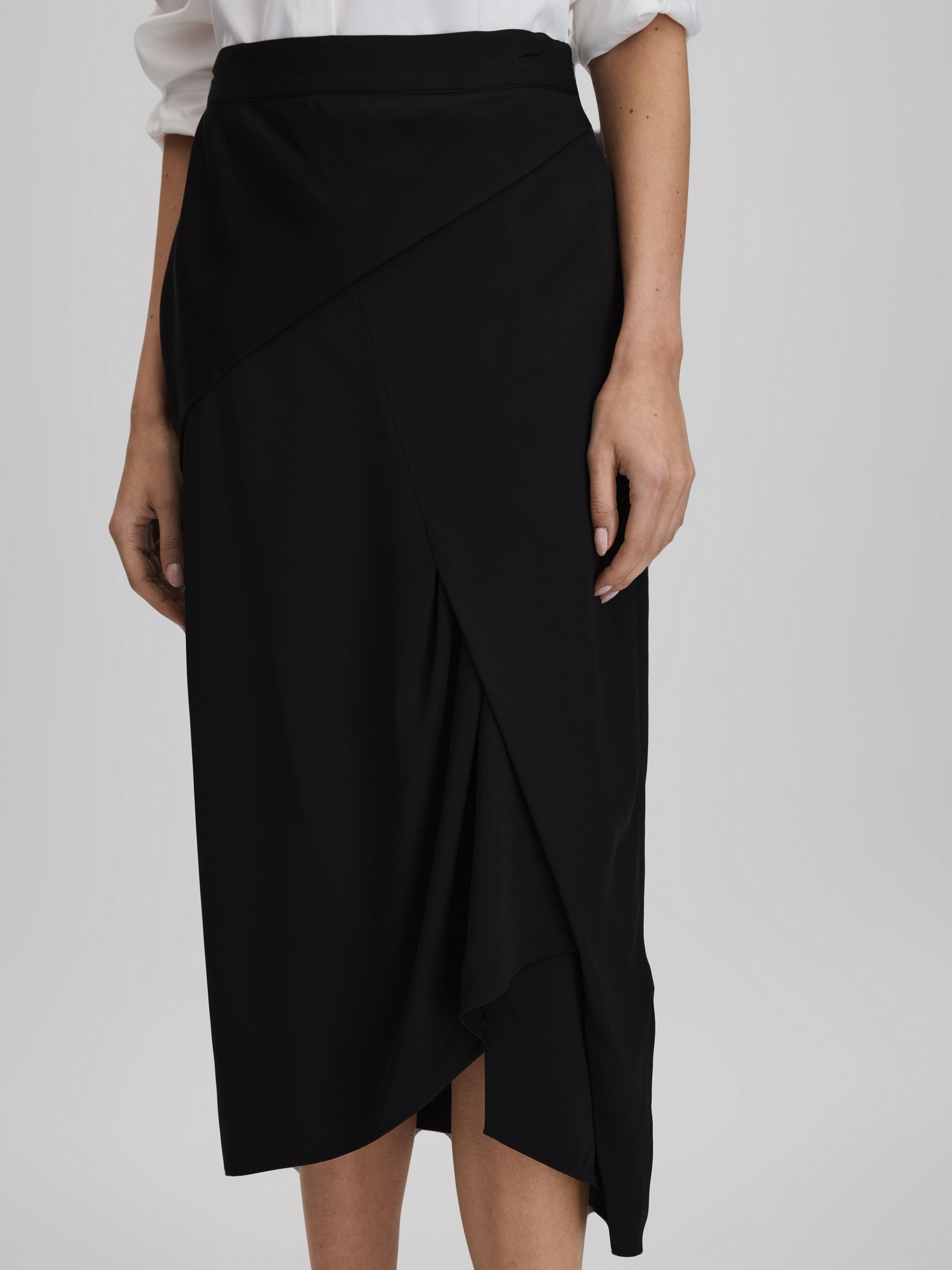 High Rise Draped Midi Skirt in Black
