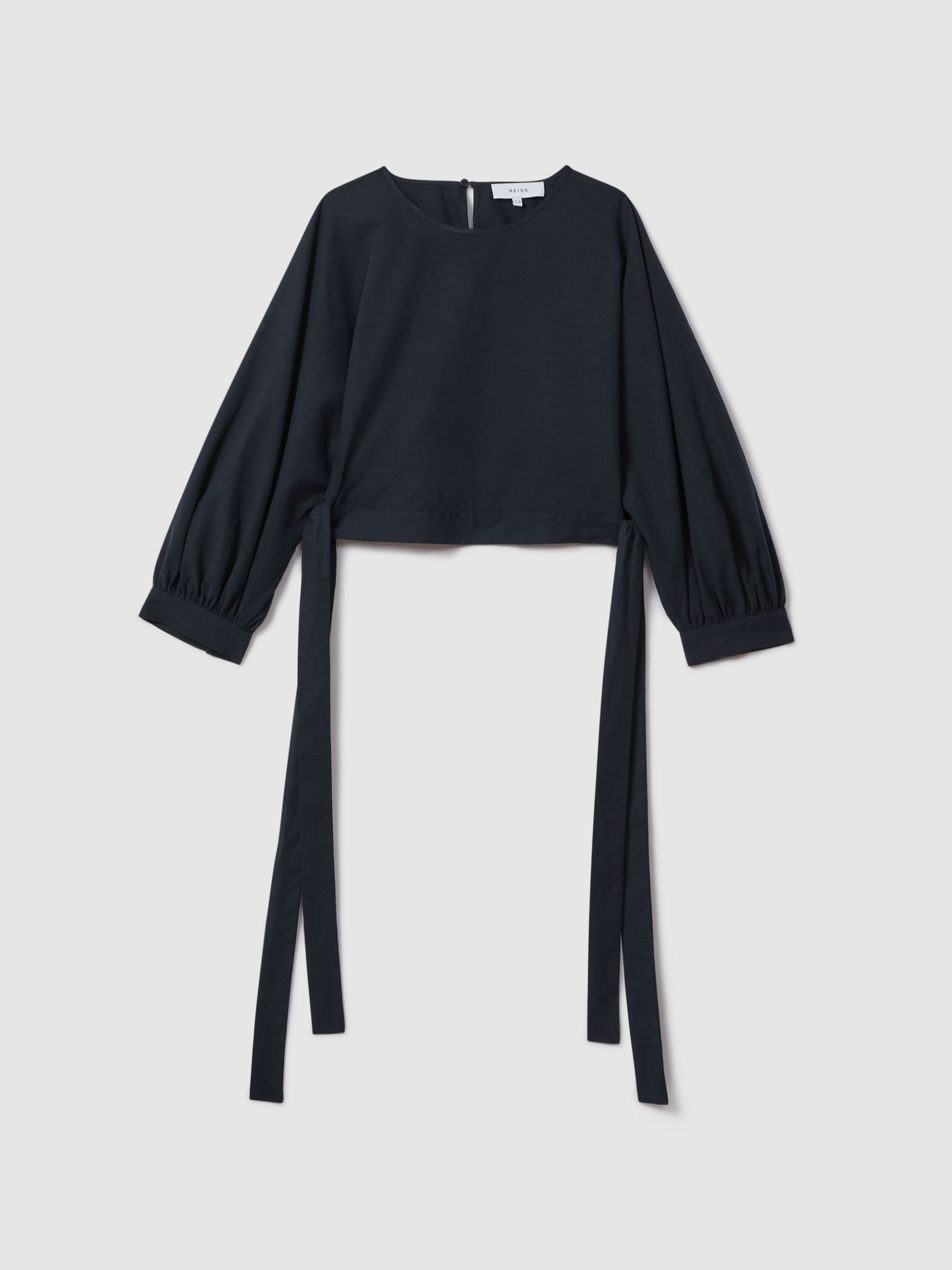 Cropped Blouson Sleeve Top With Linen in Navy