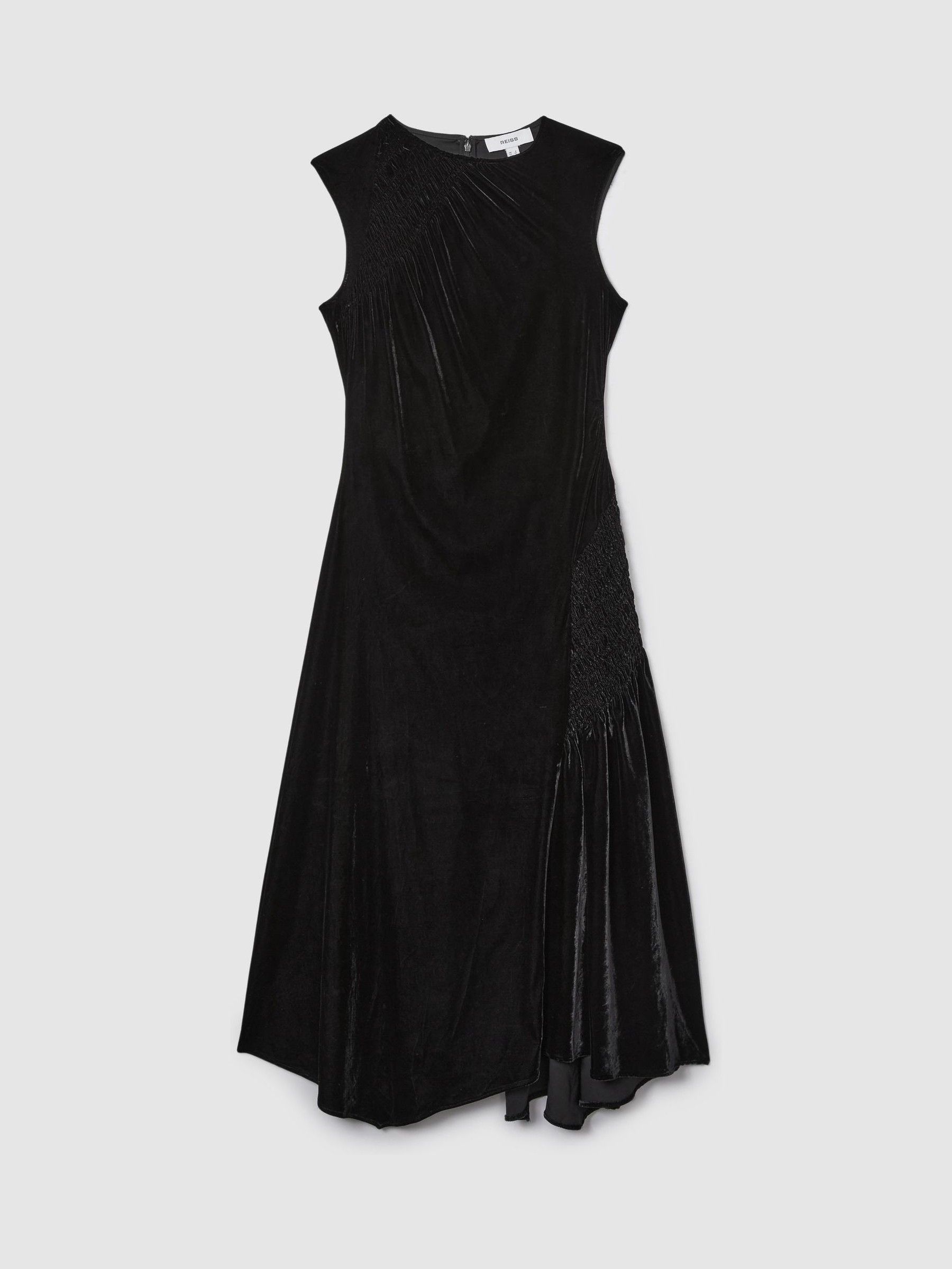 Velvet Shirred Panel Midi Dress in Black