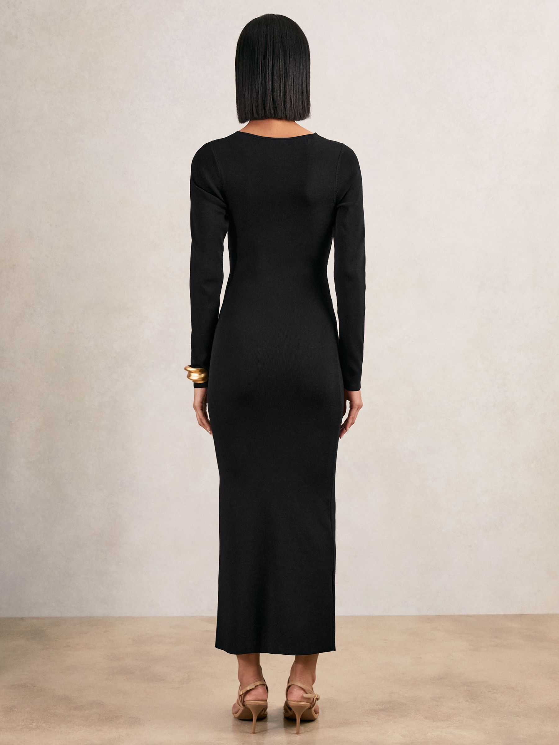 Knitted Wrap-Front Midi Dress in Black