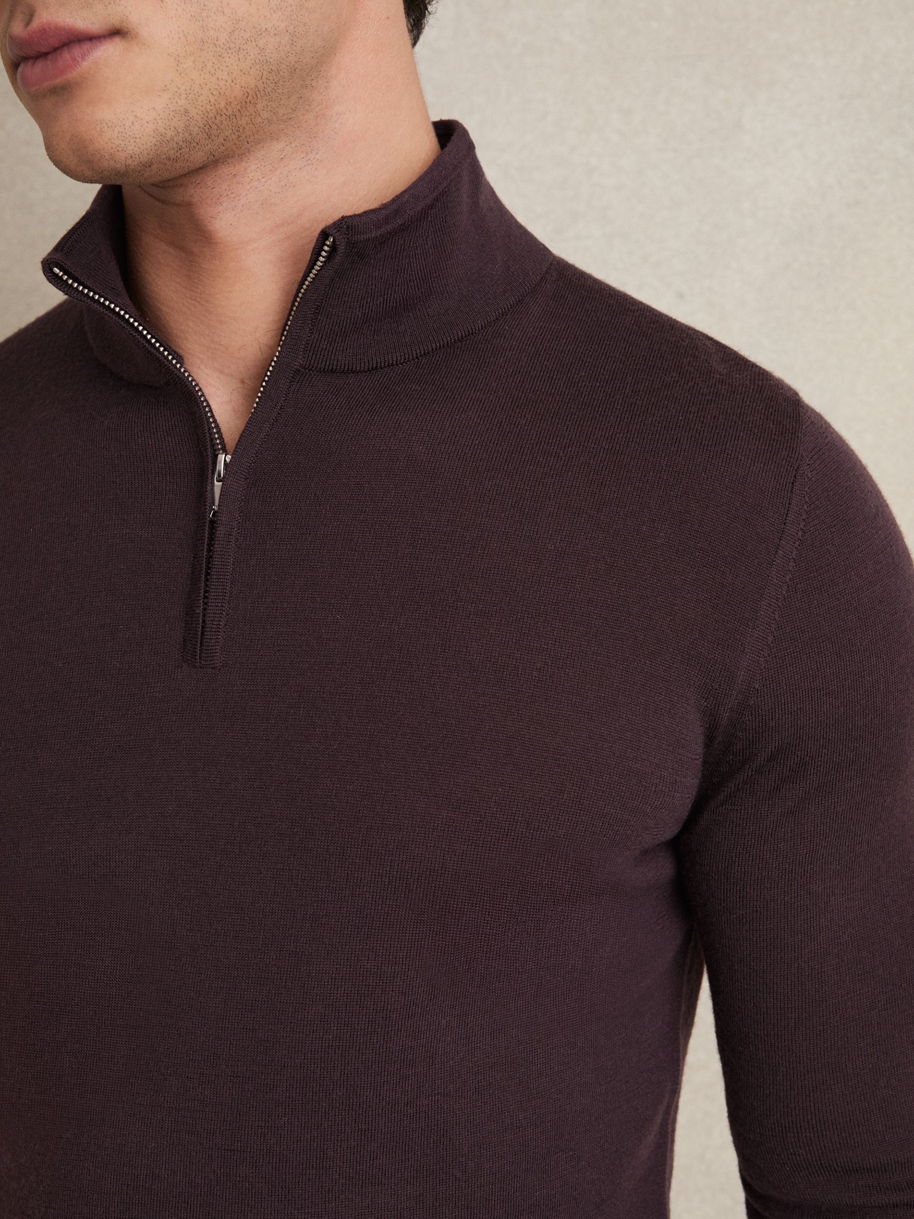 Merino Wool Half-Zip Funnel Neck Jumper in Dark Bordeaux