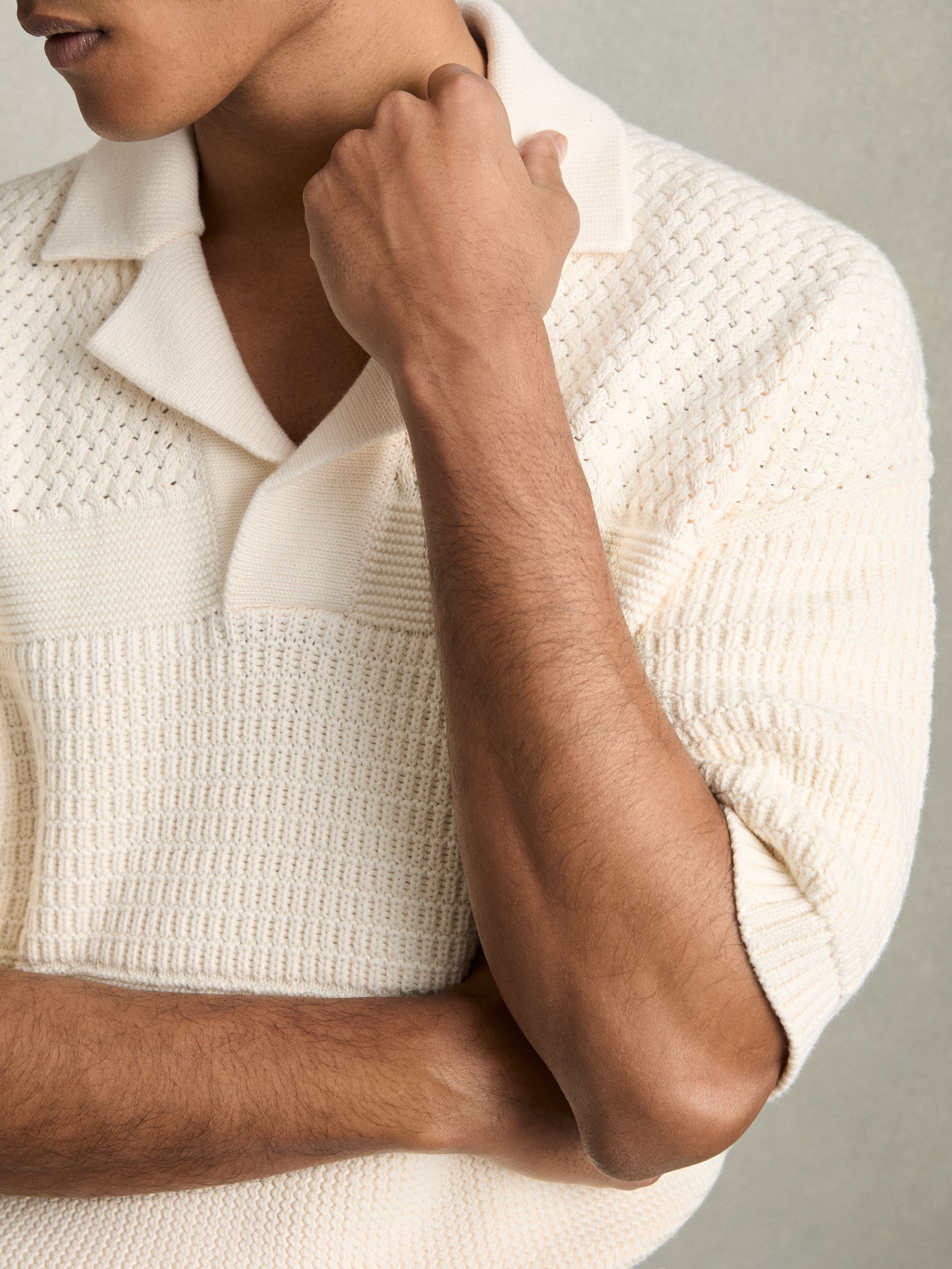 Cotton Textured-Knit Polo Shirt in Off White