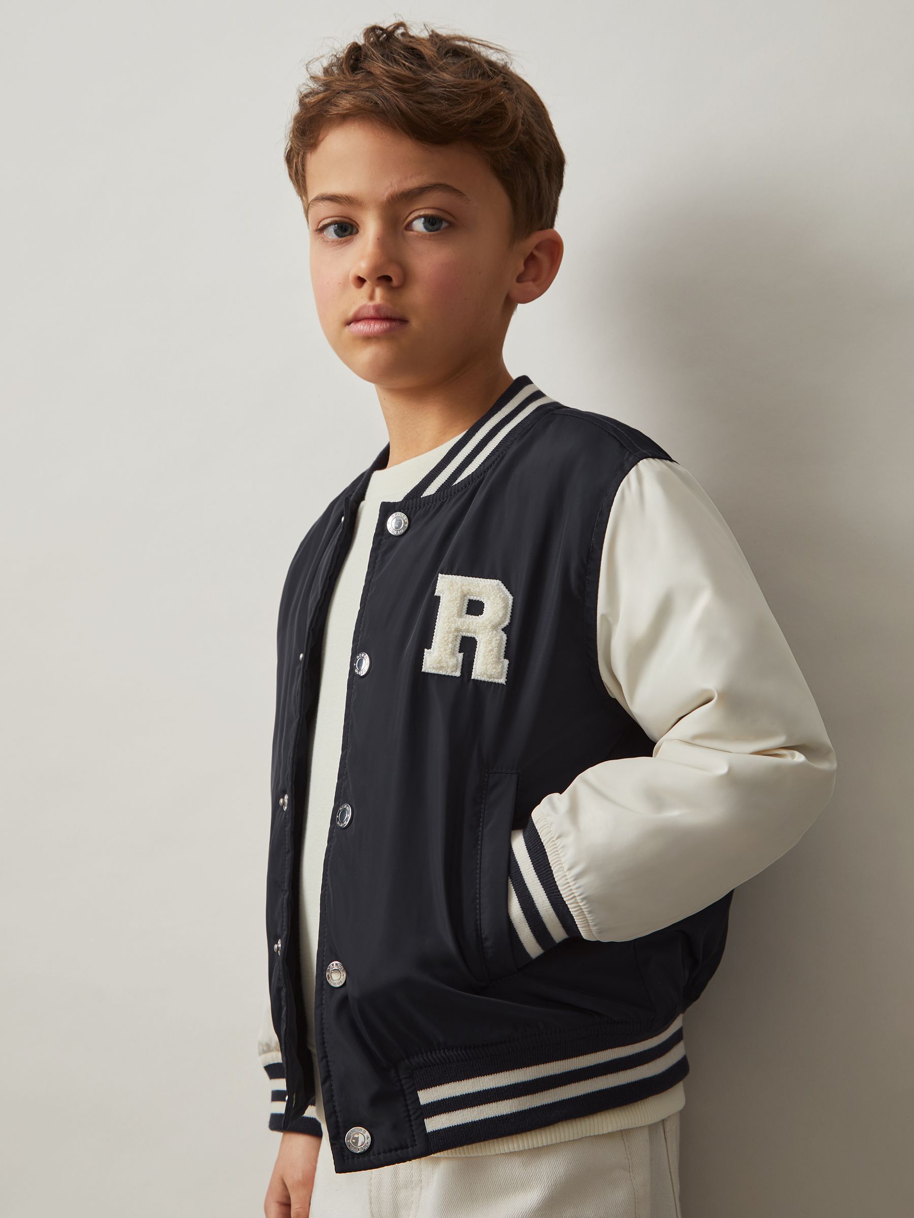 3-9 yrs Colour-Block Varsity Bomber Jacket in Navy/ Off White