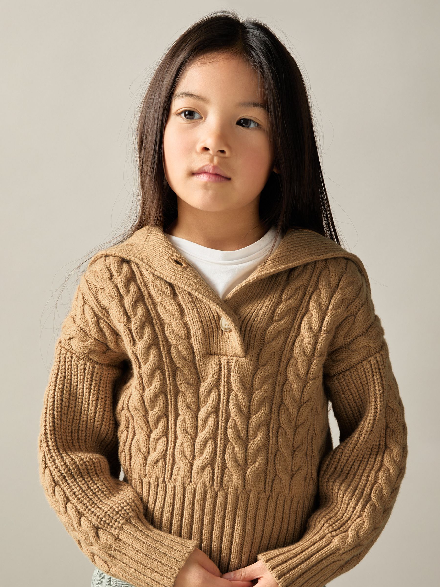 4-9 yrs Cotton-Blend Open-Collar Cable-Knit Jumper With Wool in Camel