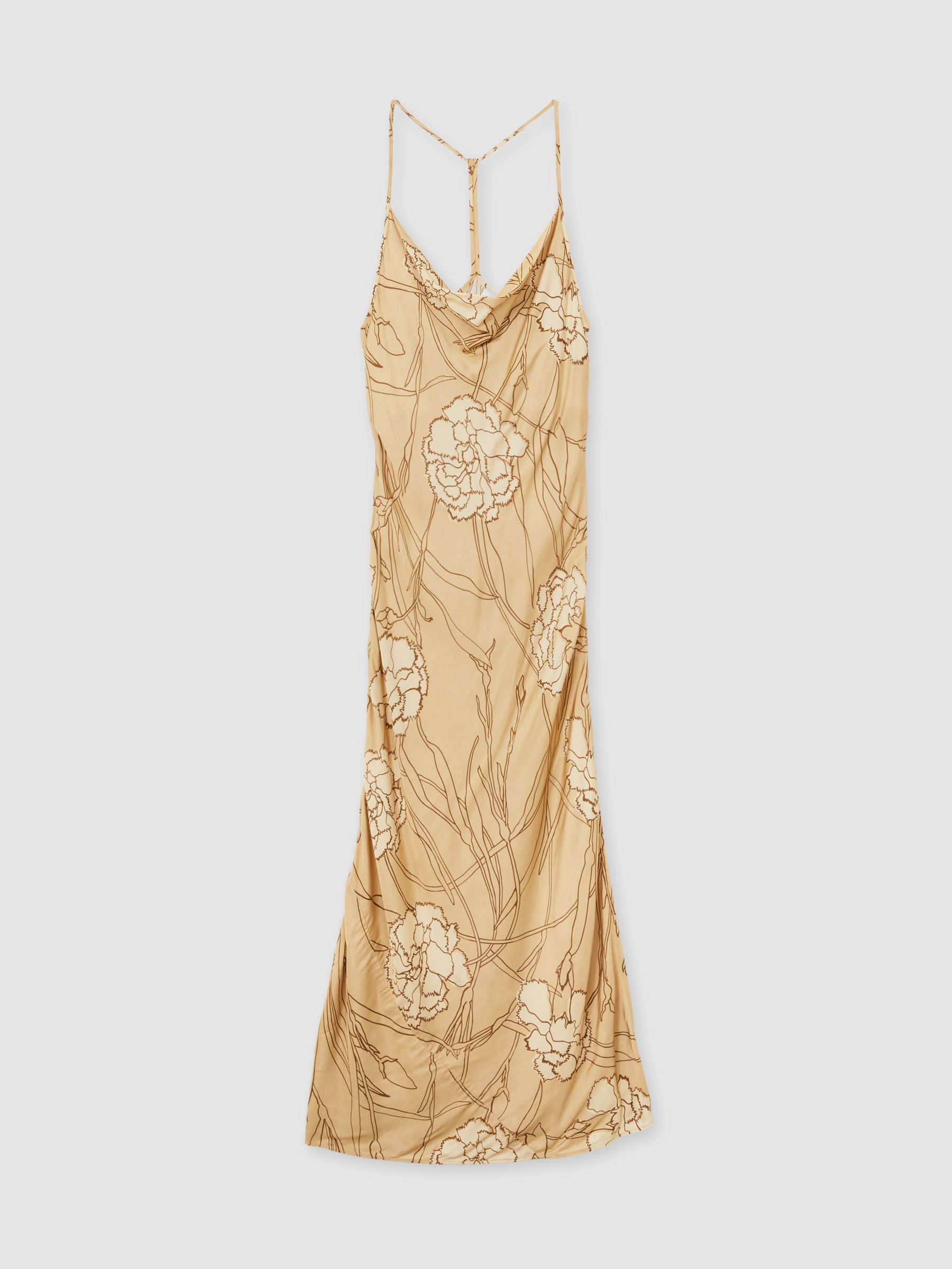 Satin Floral-Print Slip Maxi Dress in Gold