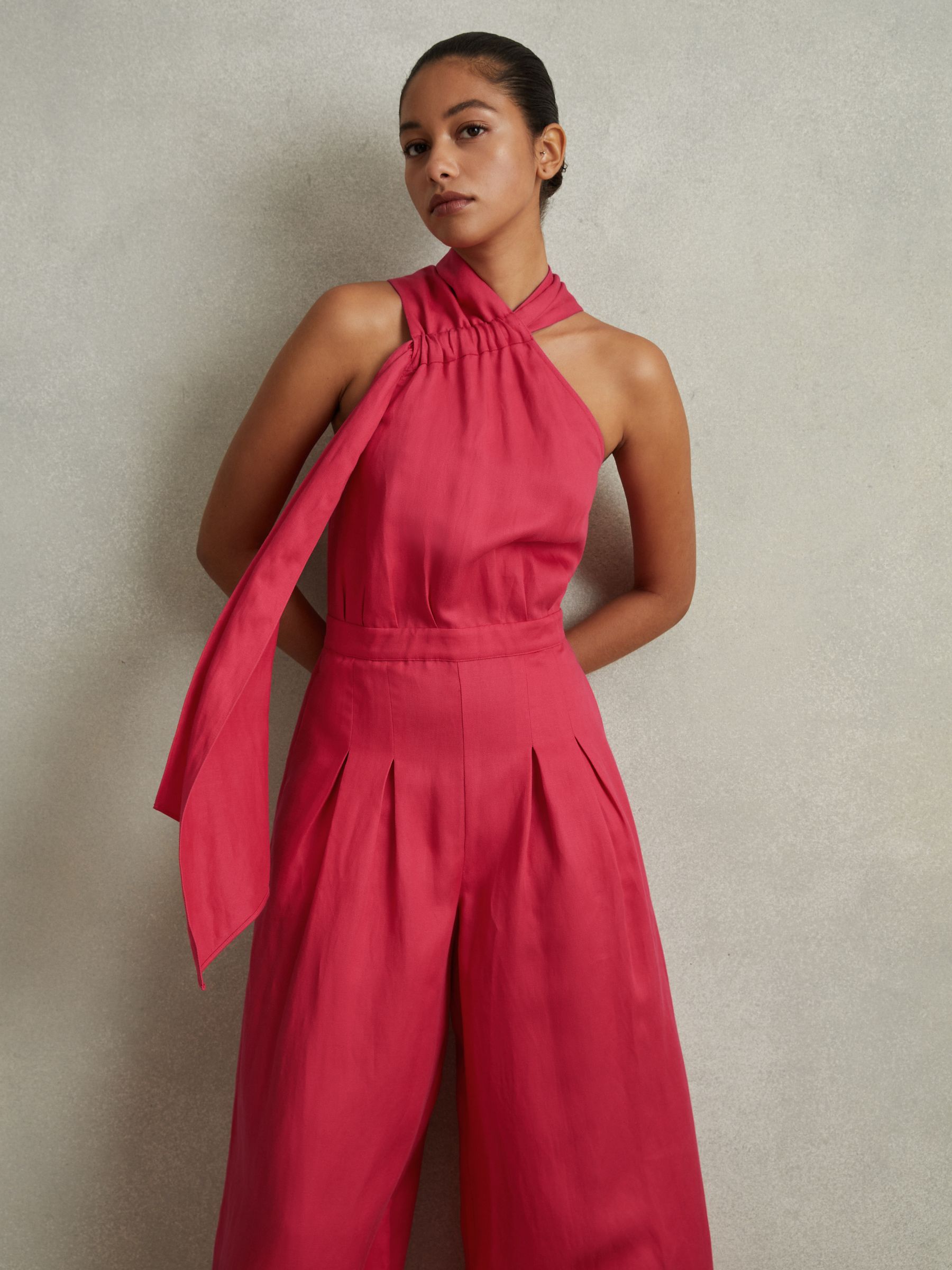 Linen Blend Drape Jumpsuit in Coral